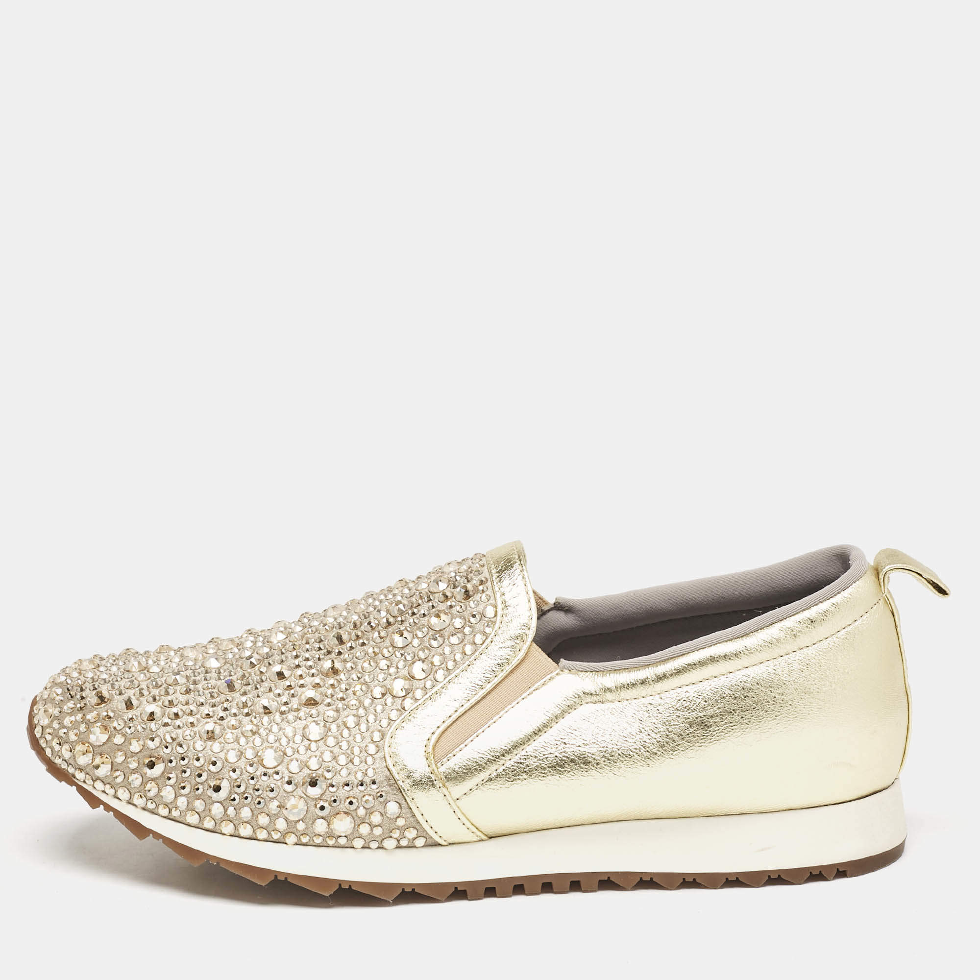 Gina Beige Leather and Crystal Embellished  Slip On Sneakers Size 40