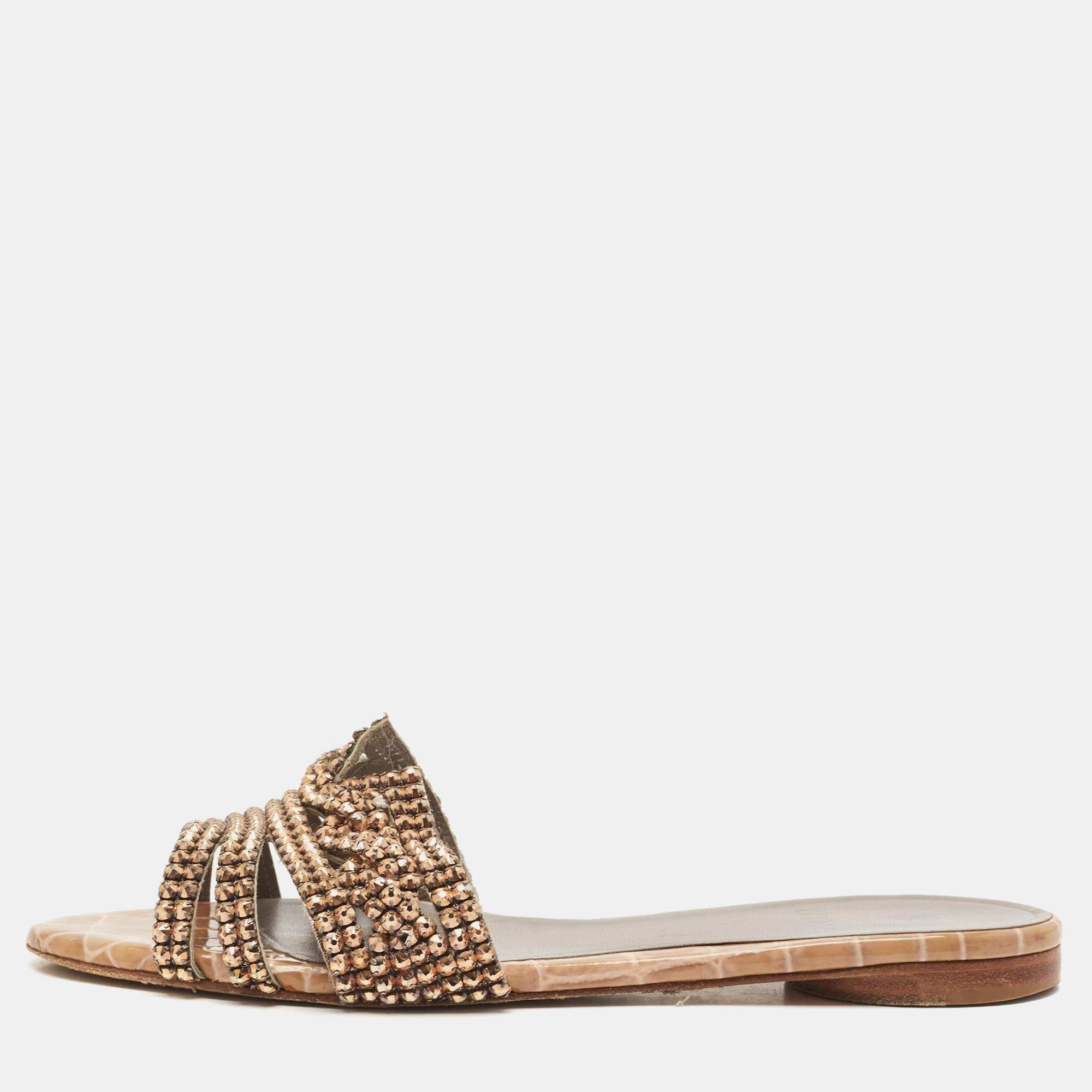 Pre Owned Gina Brown/Grey Croc Embossed Patent Leather Loren Flat Slides Size 38.5