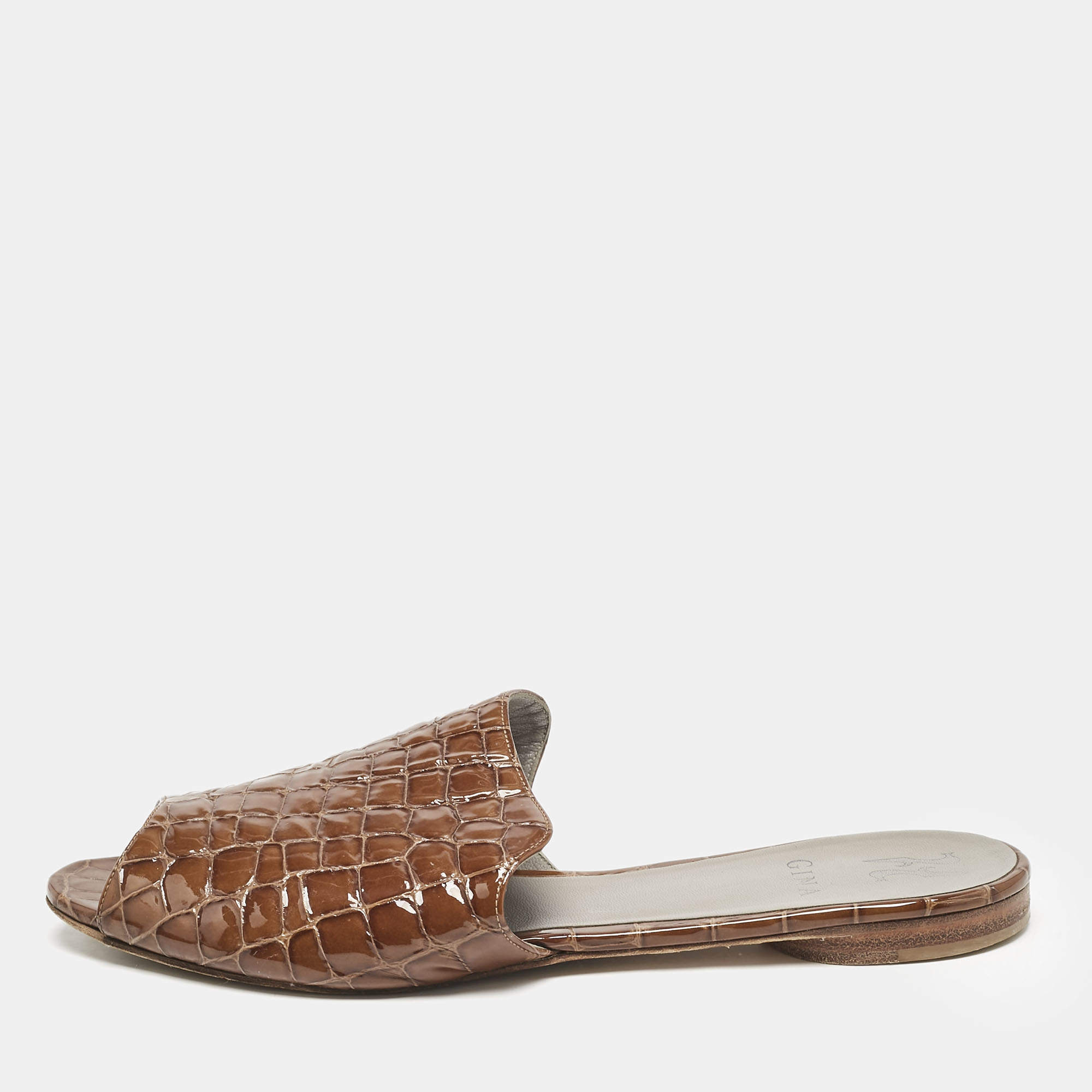 Gina Brown Croc Embossed Patent Leather Slide Sandals Size 41