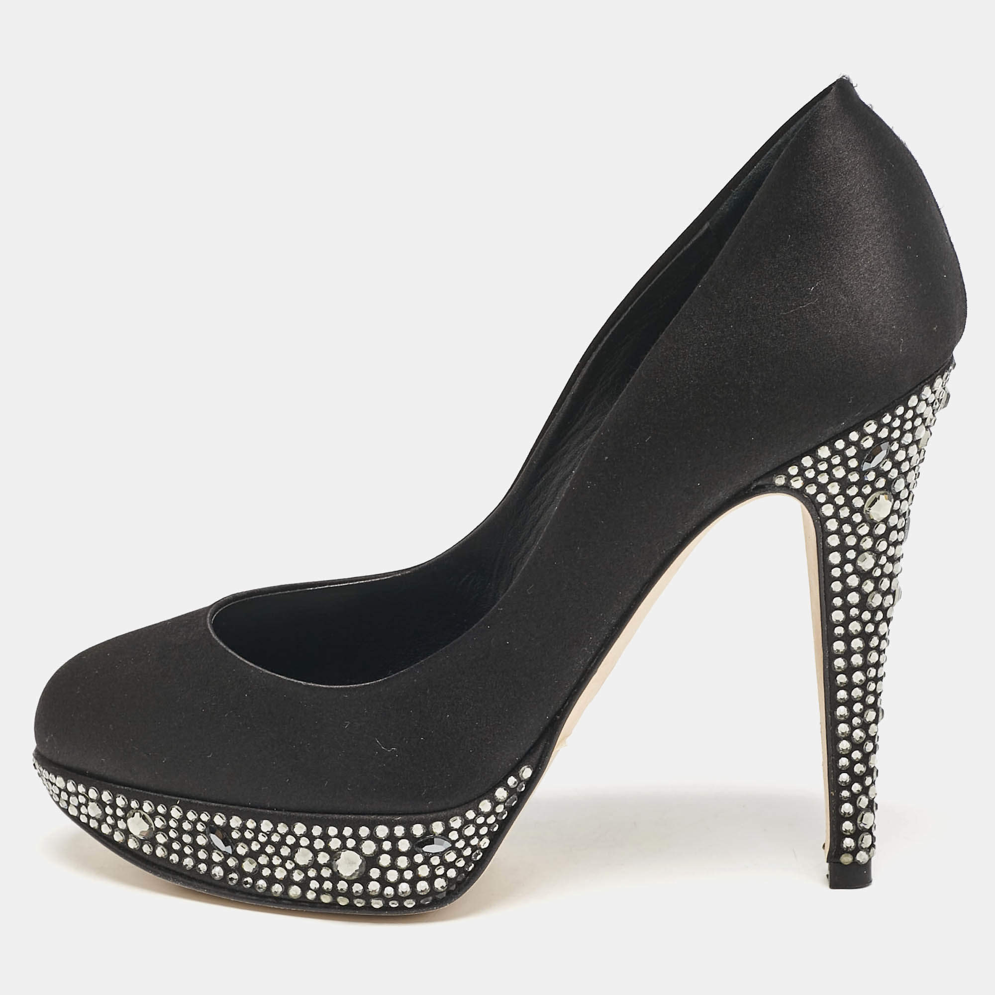 Gina Black Satin Crystals Platform Pumps Size 36.5