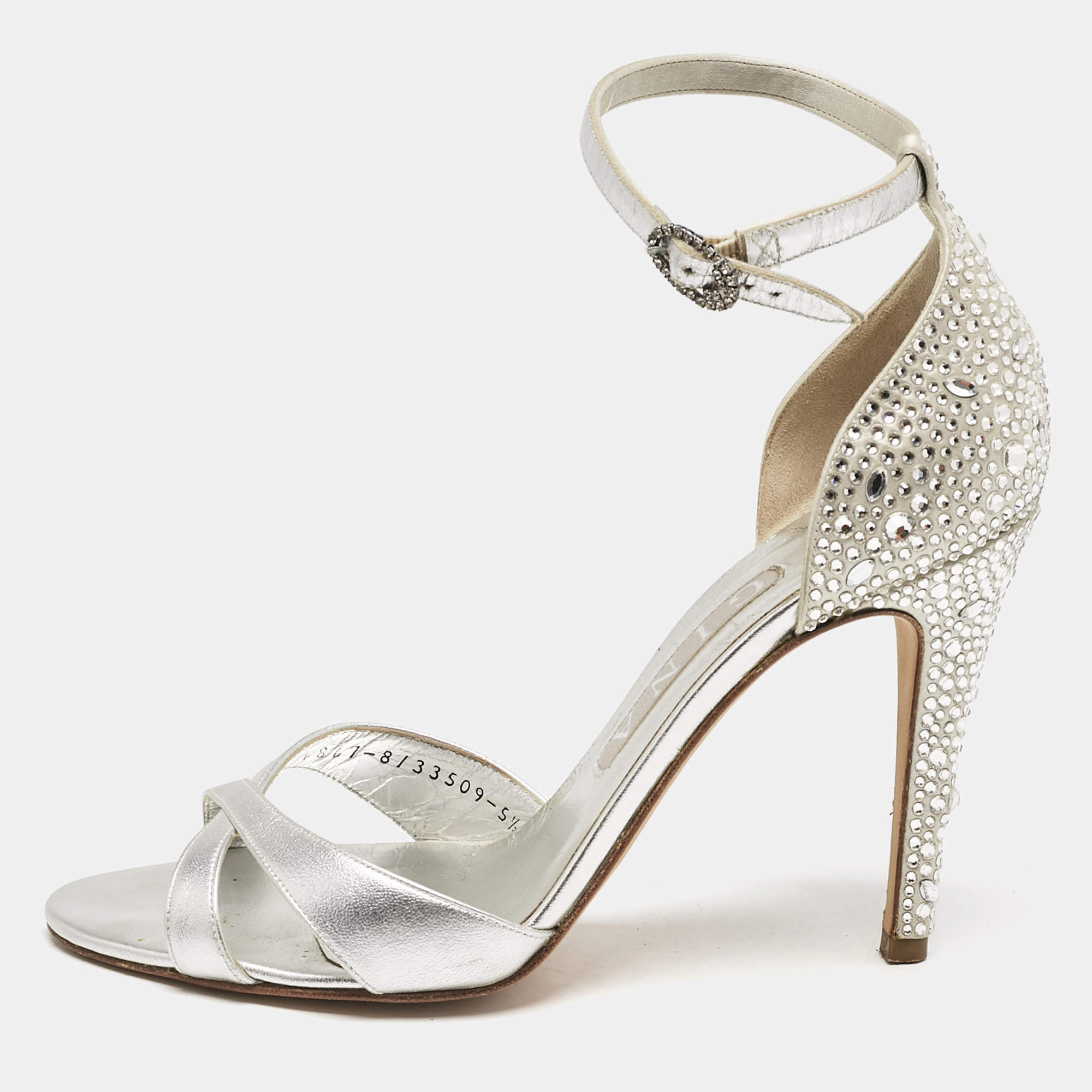 Gina Silver Leather Crystals Embellished Ankle Strap Sandals Size 38.5