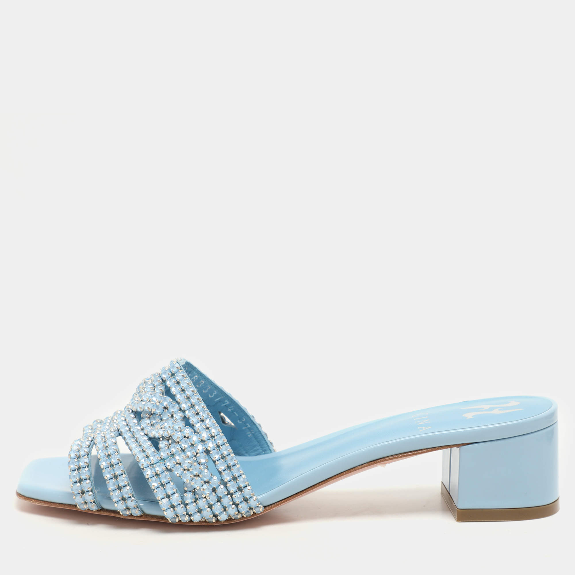 Pre Owned Gina Light Blue Crystal Embellished Block Heel Slide Sandals Size 37.5
