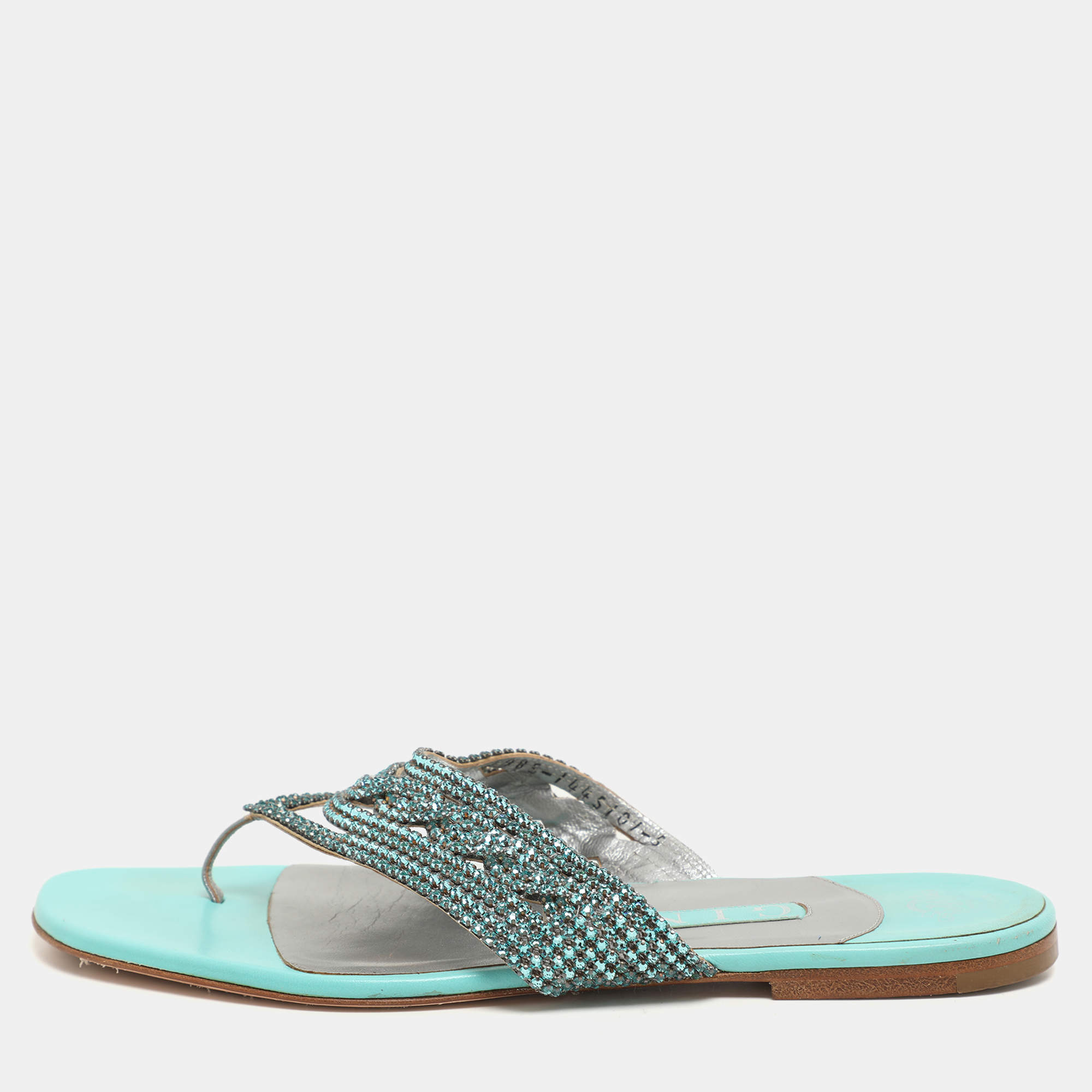 Gina Green Crystals Embellished Thong Flats Size 38