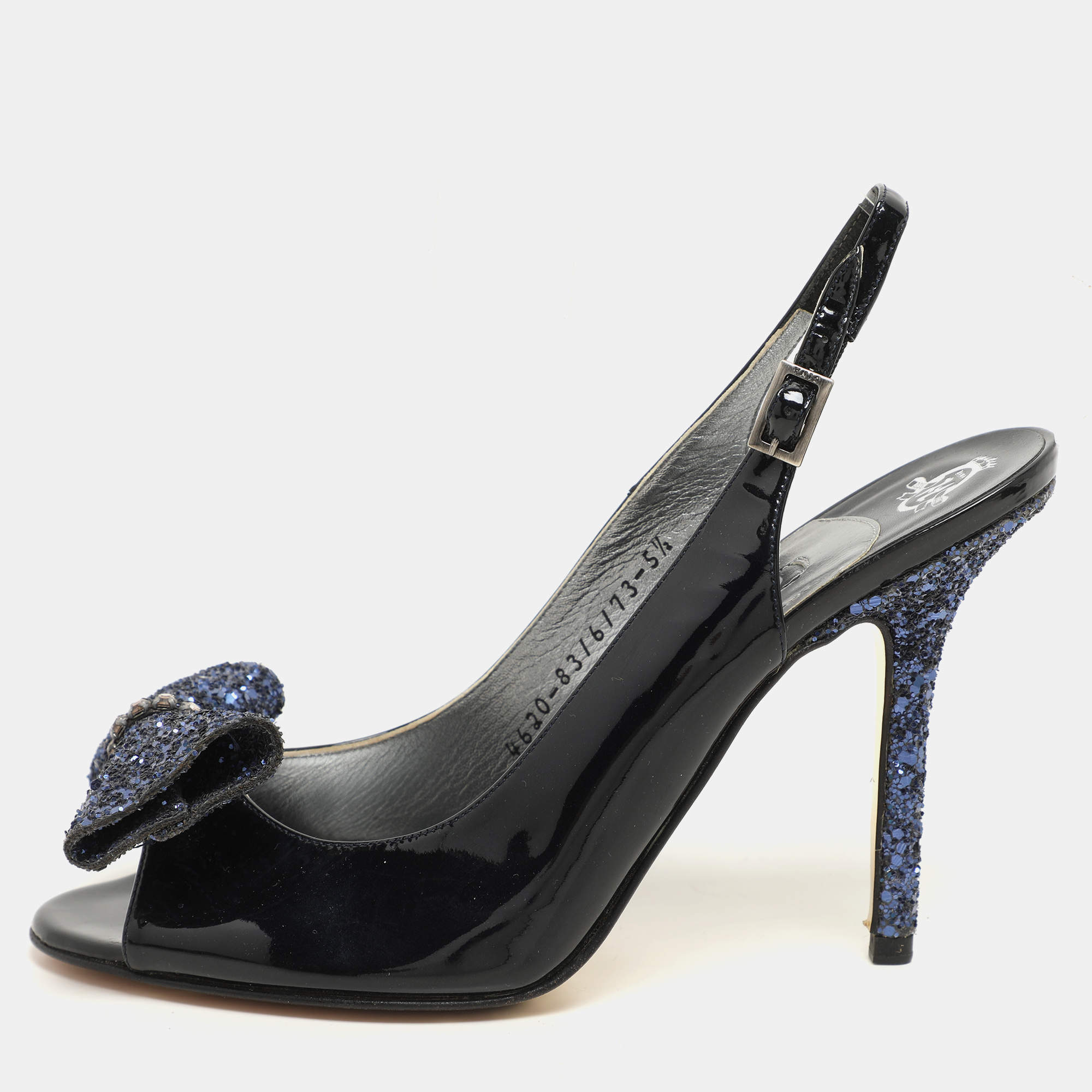 Pre Owned Gina Blue Patent Leather and Glitter Bow Embellished Peep Toe Slingback Pumps Size 38.5
