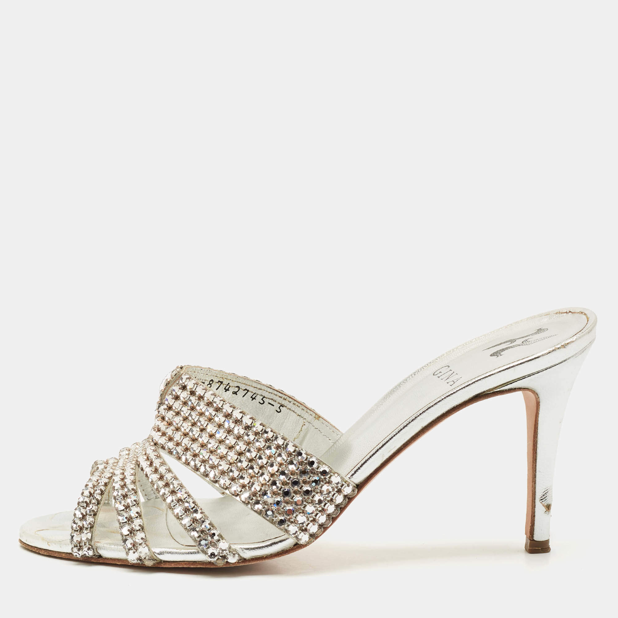 Gina Silver Crystal Embellished Leather Slide Sandals Size 38