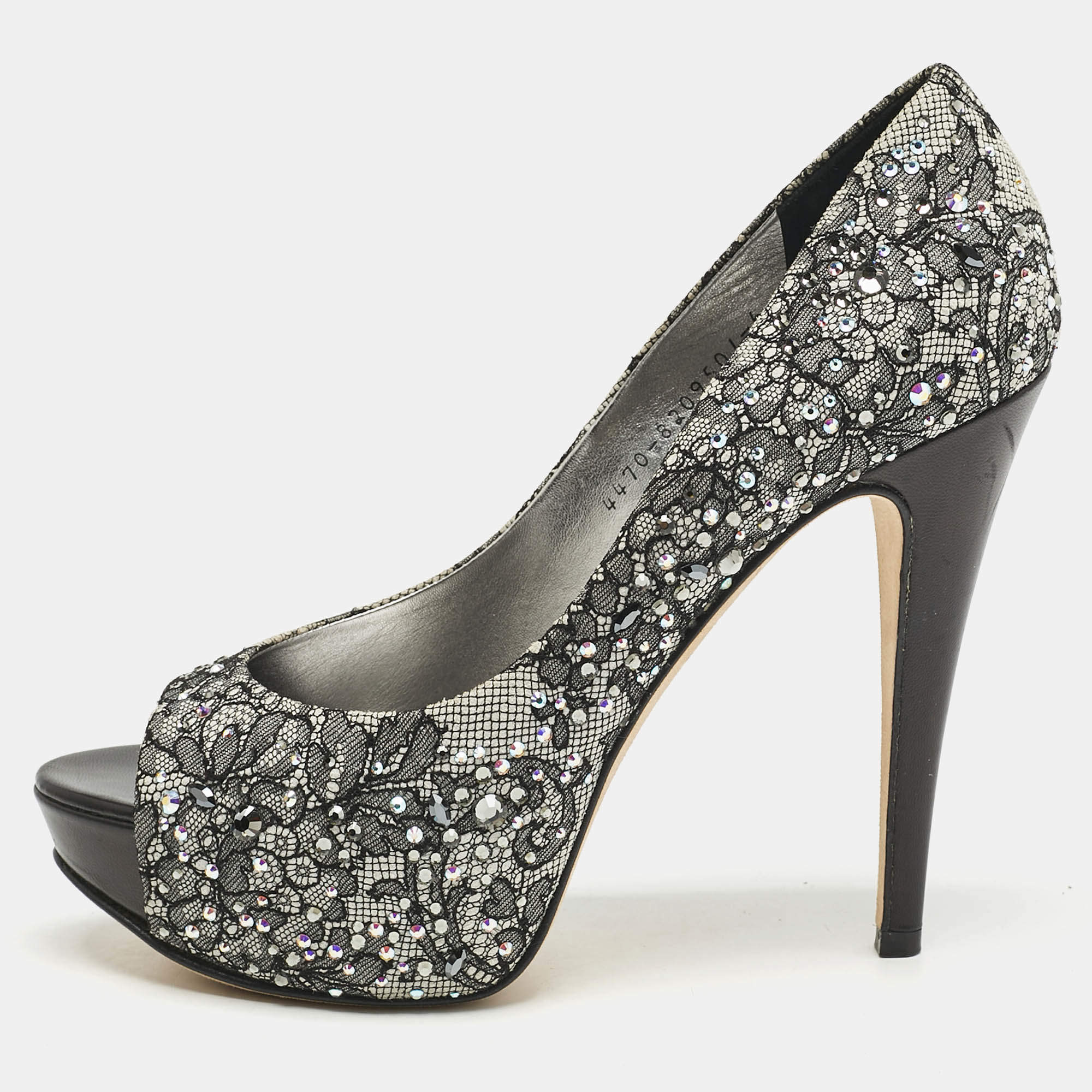 Gina Grey/Black Lace Crystal Embellished Open Toe Platform Pumps Size 39
