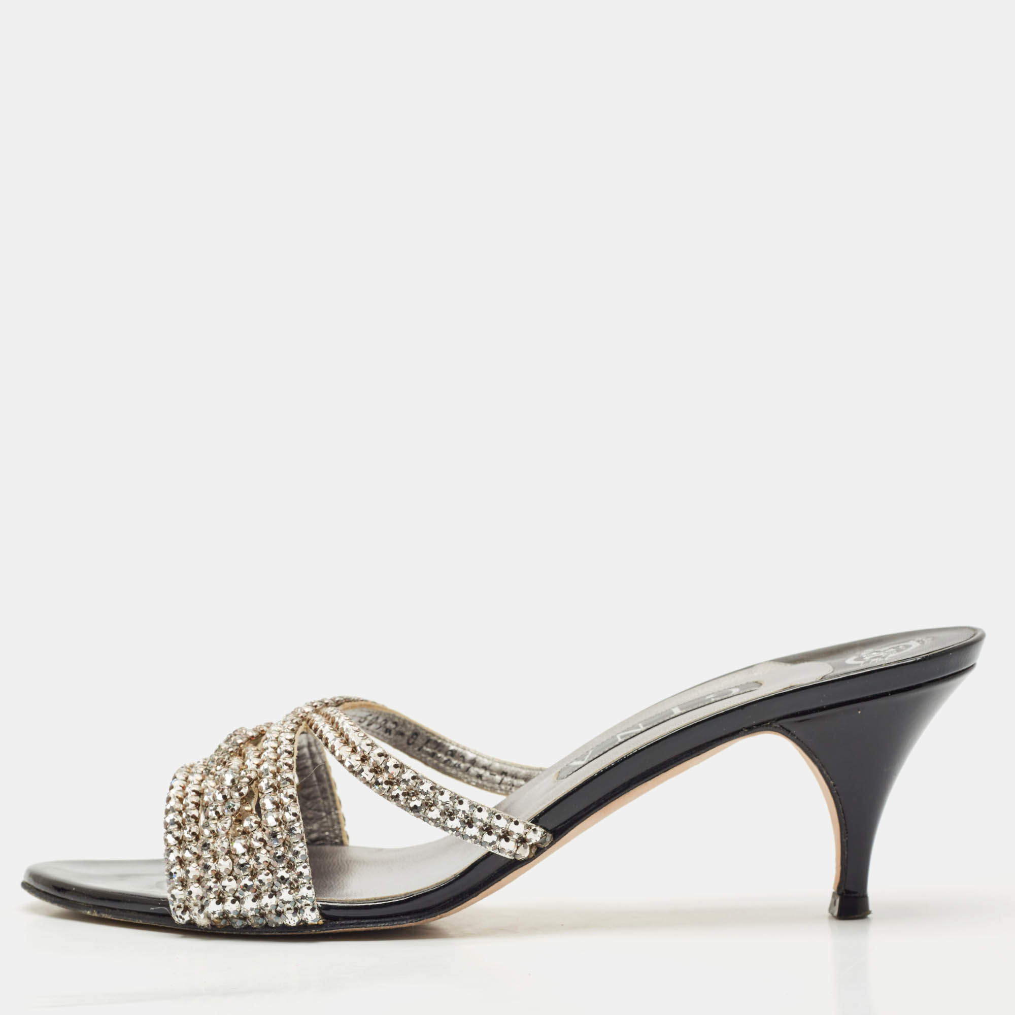 Gina Black/Silver Patent and Leather Crystal Embellished Slide Sandals Size 40.5