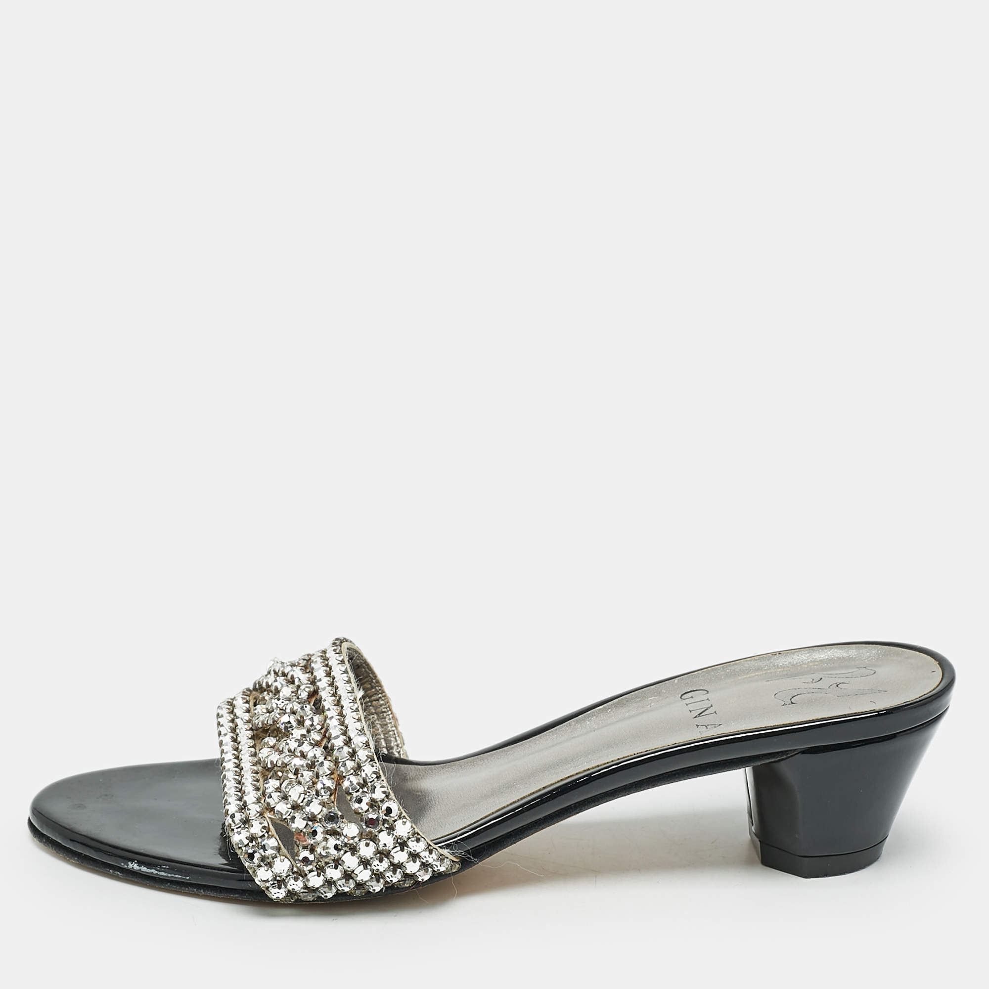 Gina Black//Silver Patent Leather Crystal Embellished Slides Sandals Size 36.5