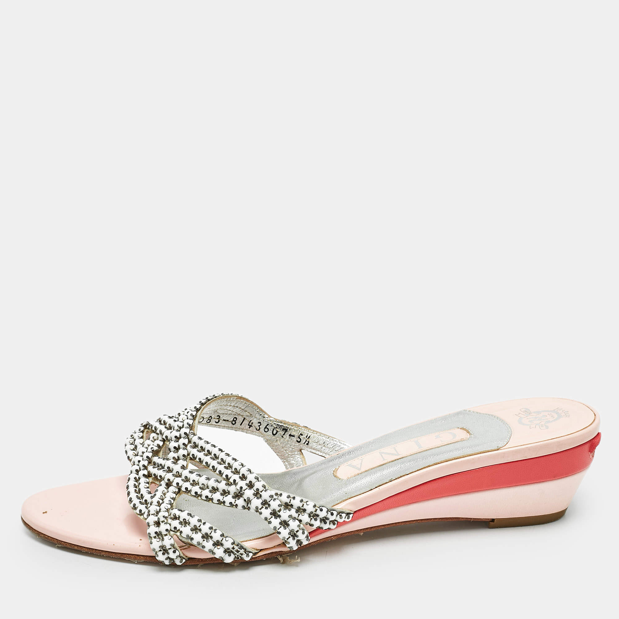 Gina White/Silver Leather Crystal Embellished Sandals Size 38.5
