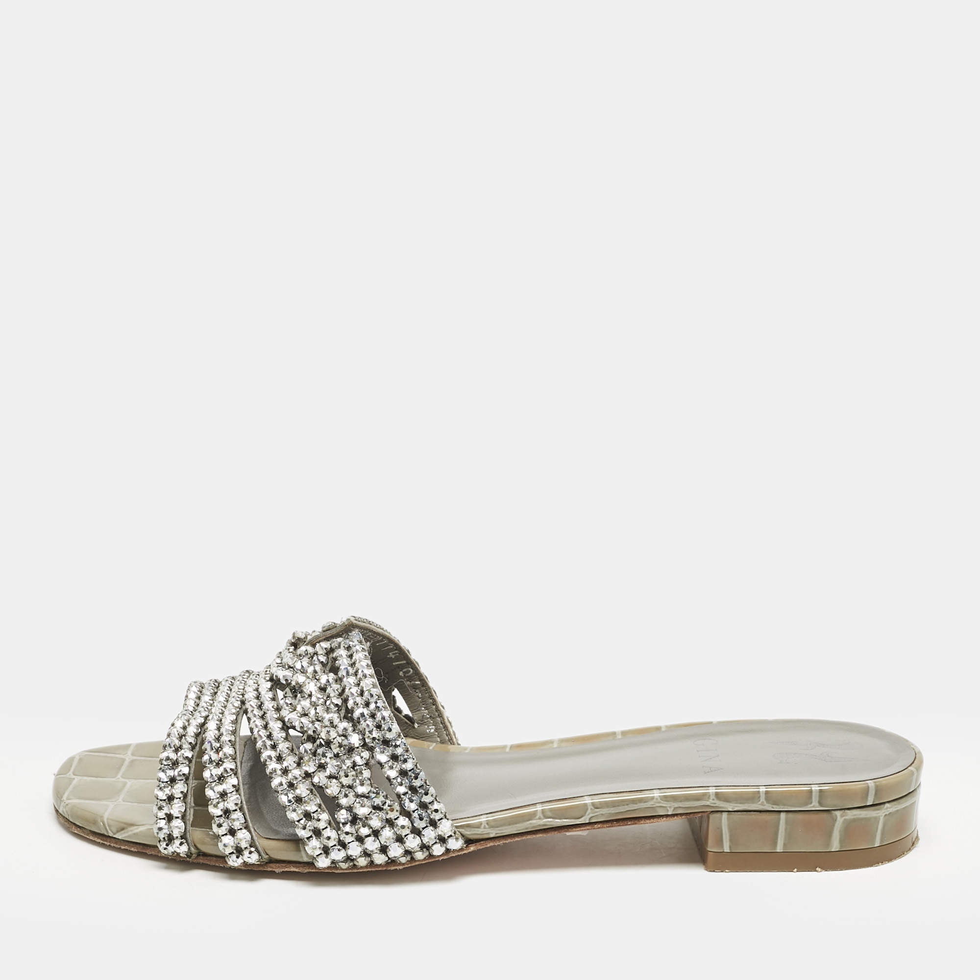 Pre Owned Gina Grey Croc Embossed Patent Leather Crystal Embellished Flat Slide Sandals Size 38.5