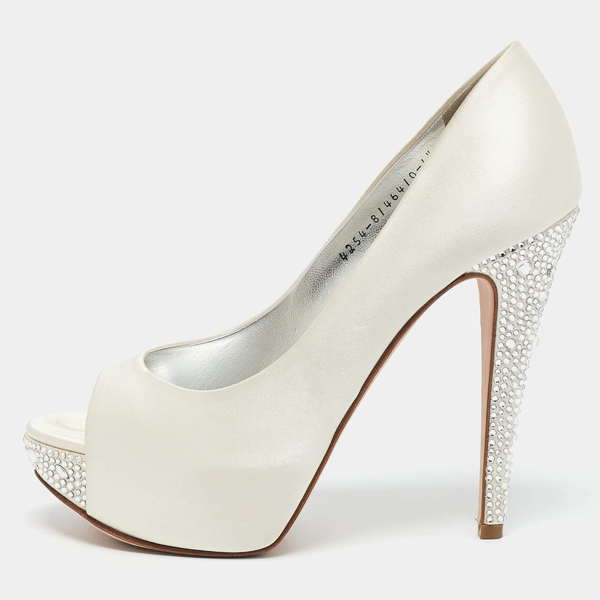 Gina White Satin Jenna Crystal Embellished Heel Open Toe Platform Pumps Size 39.5