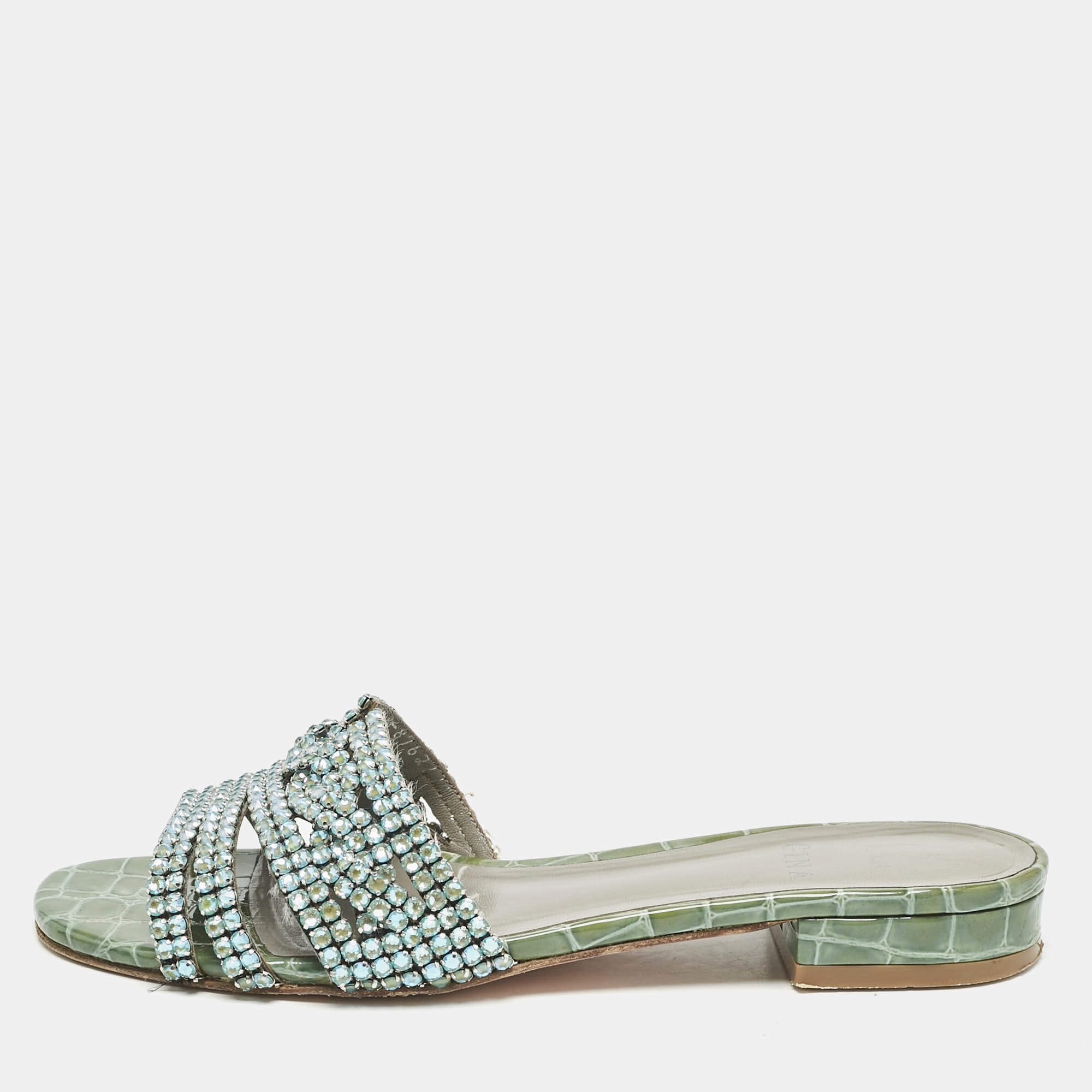 Pre Owned Gina Green/Silver Croc Embossed Patent Leather Loren Slide Sandals Size 39