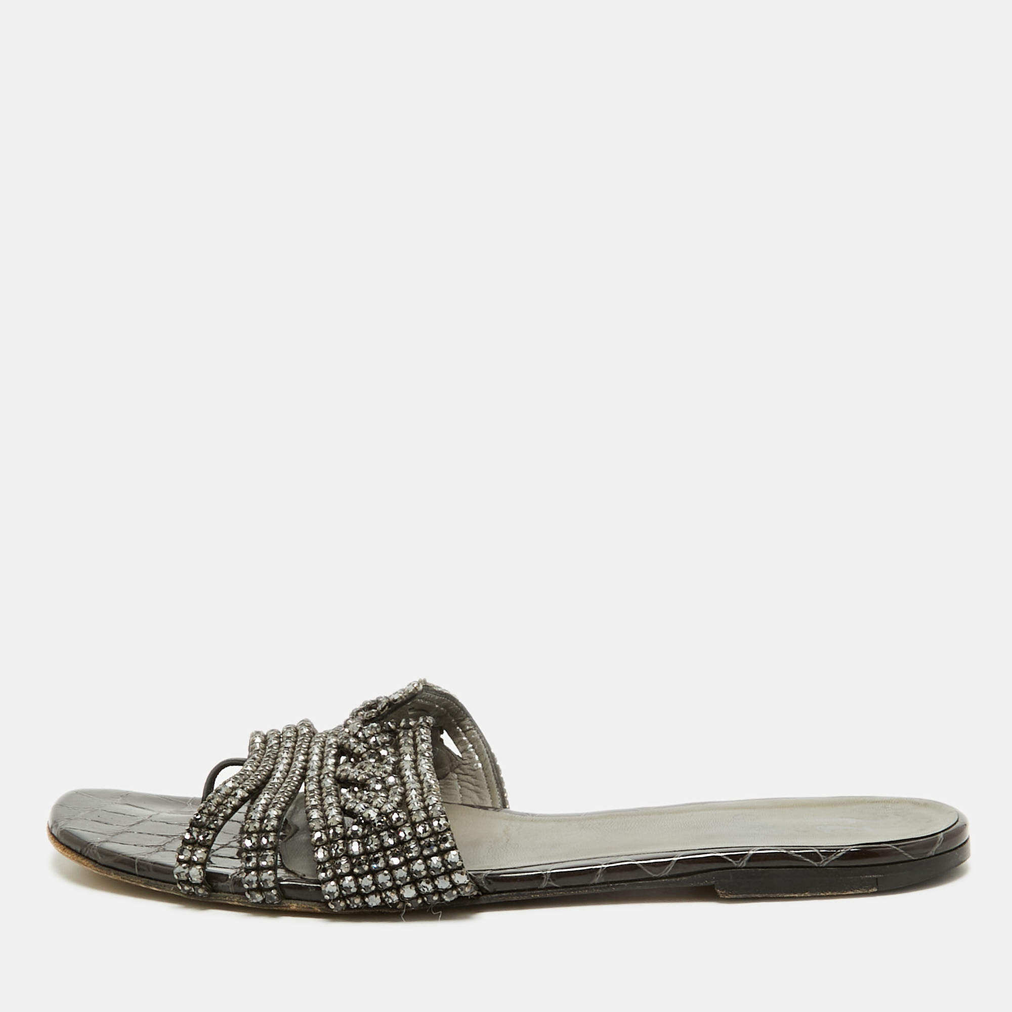 Gina Black Croc Embossed Patent Crystal Embellished Flat Slide Sandals Size 41