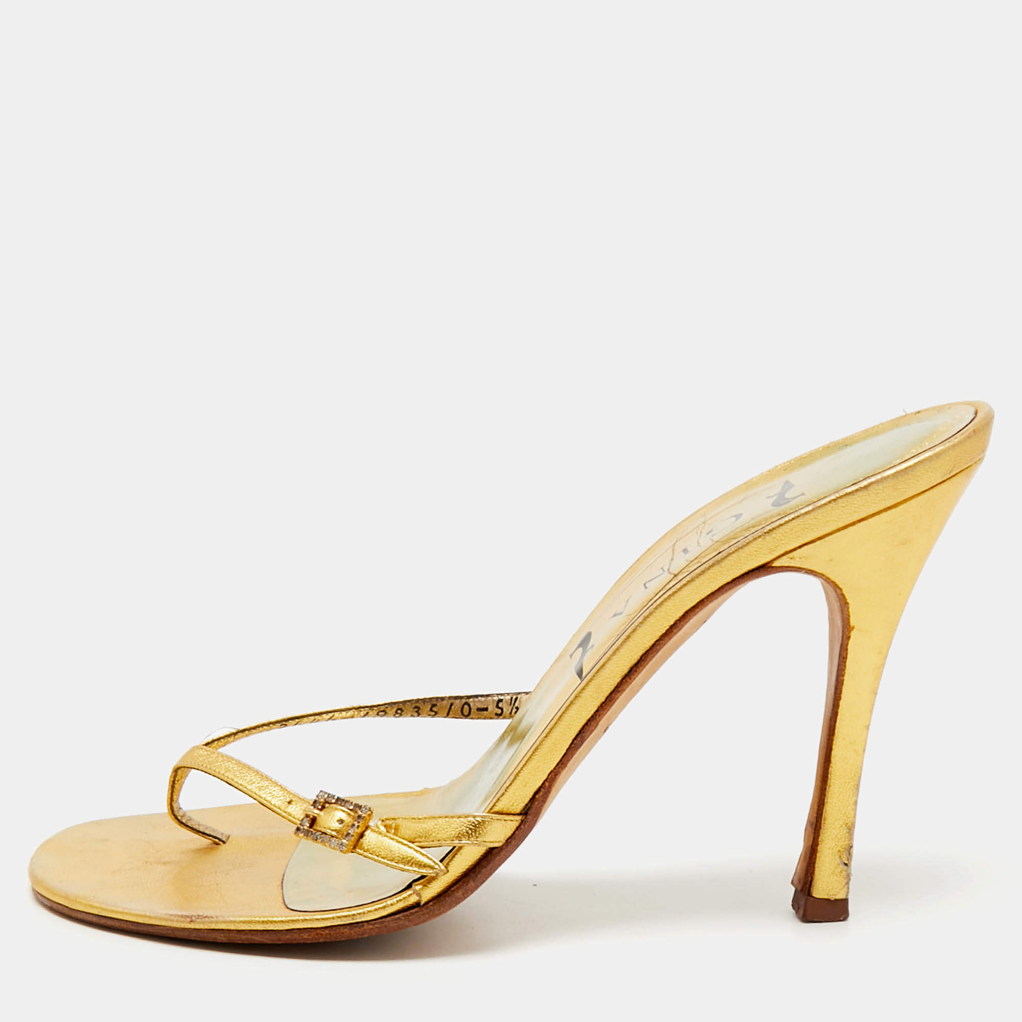 Pre Owned Gina Gold Leather Thong Sandals Size 38.5