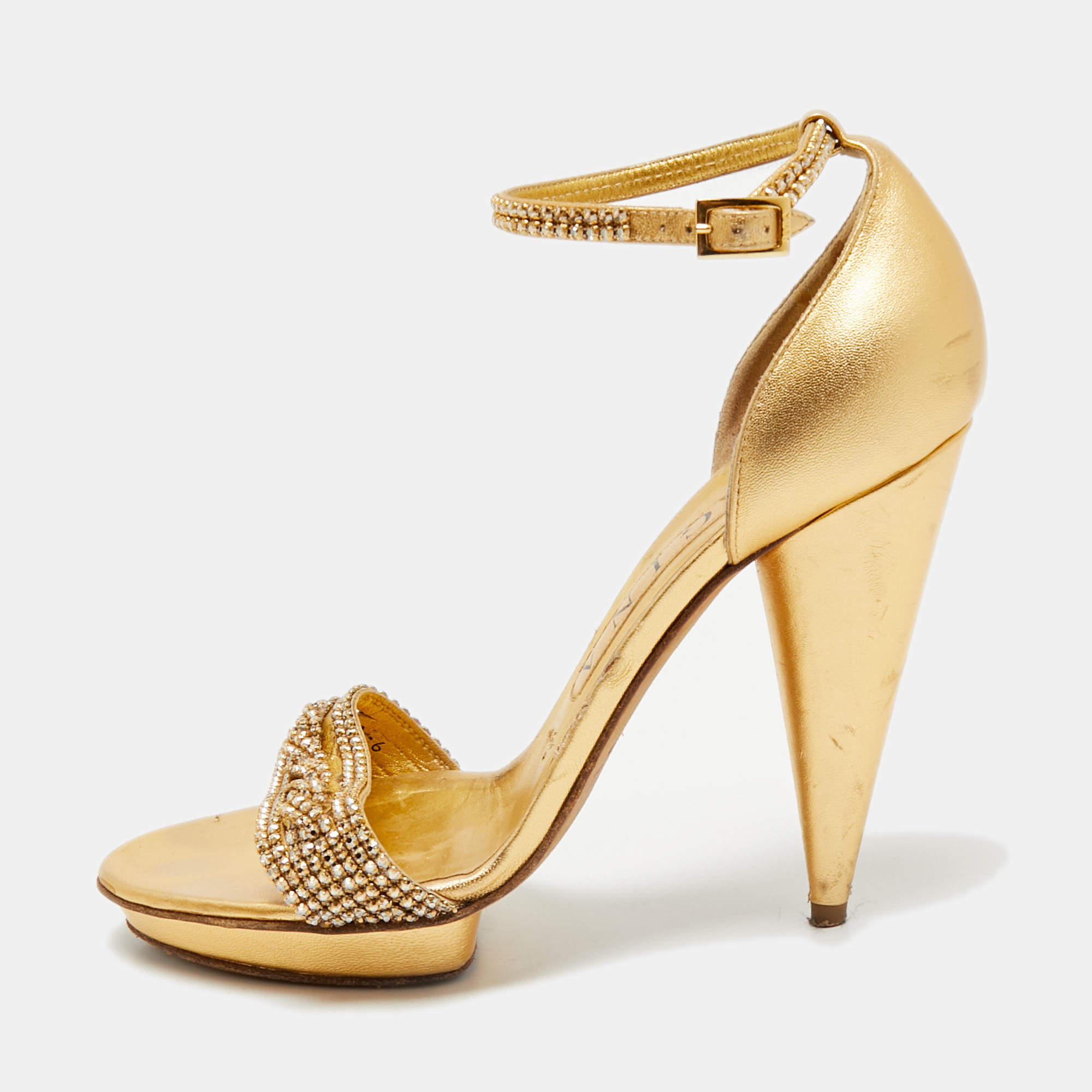 Pre Owned Gina Gold Leather Crystal Embellished Cross Ankle Strap Sandals Size 39