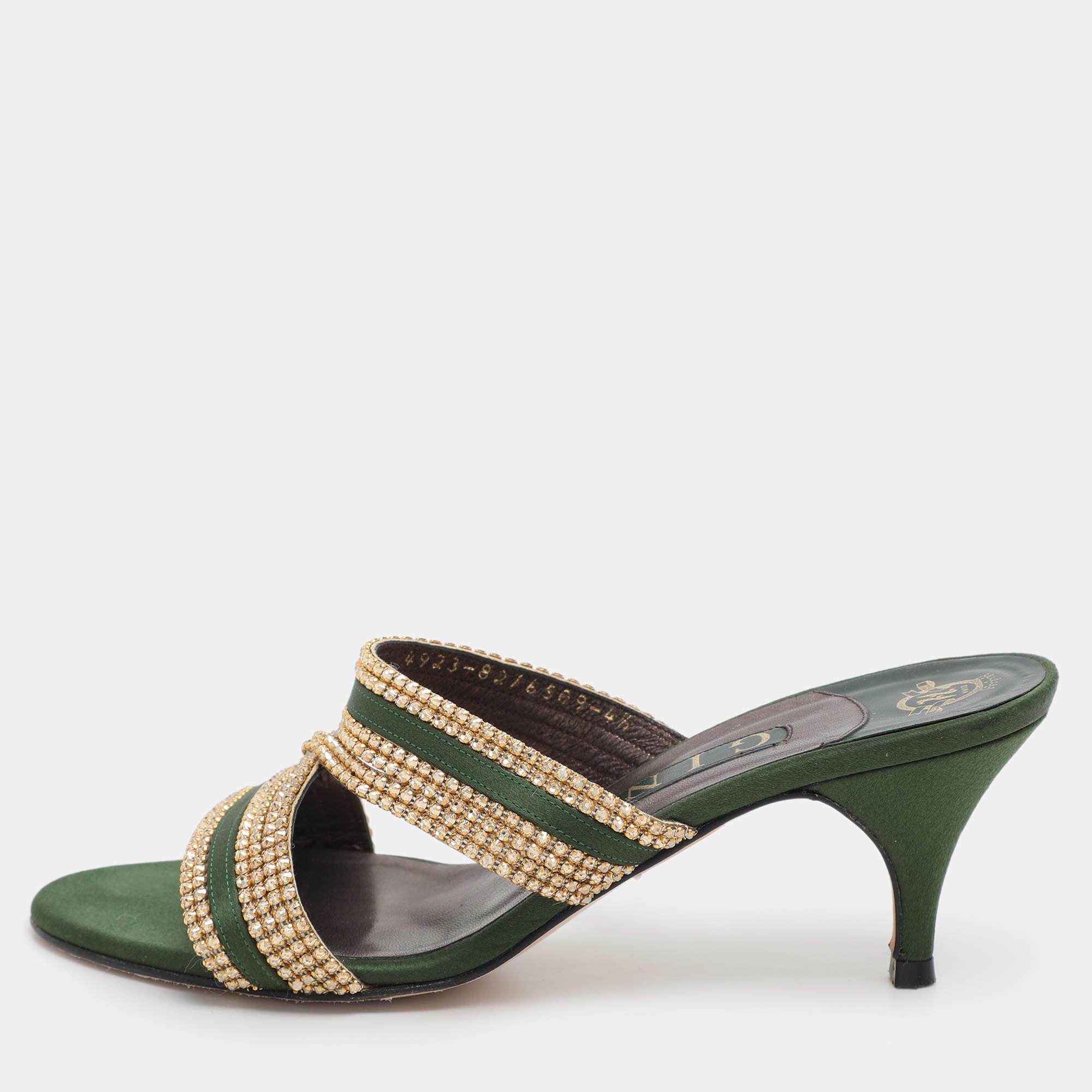 Gina Green/Gold Crystal Embellished Satin Slide Sandals Size 37.5