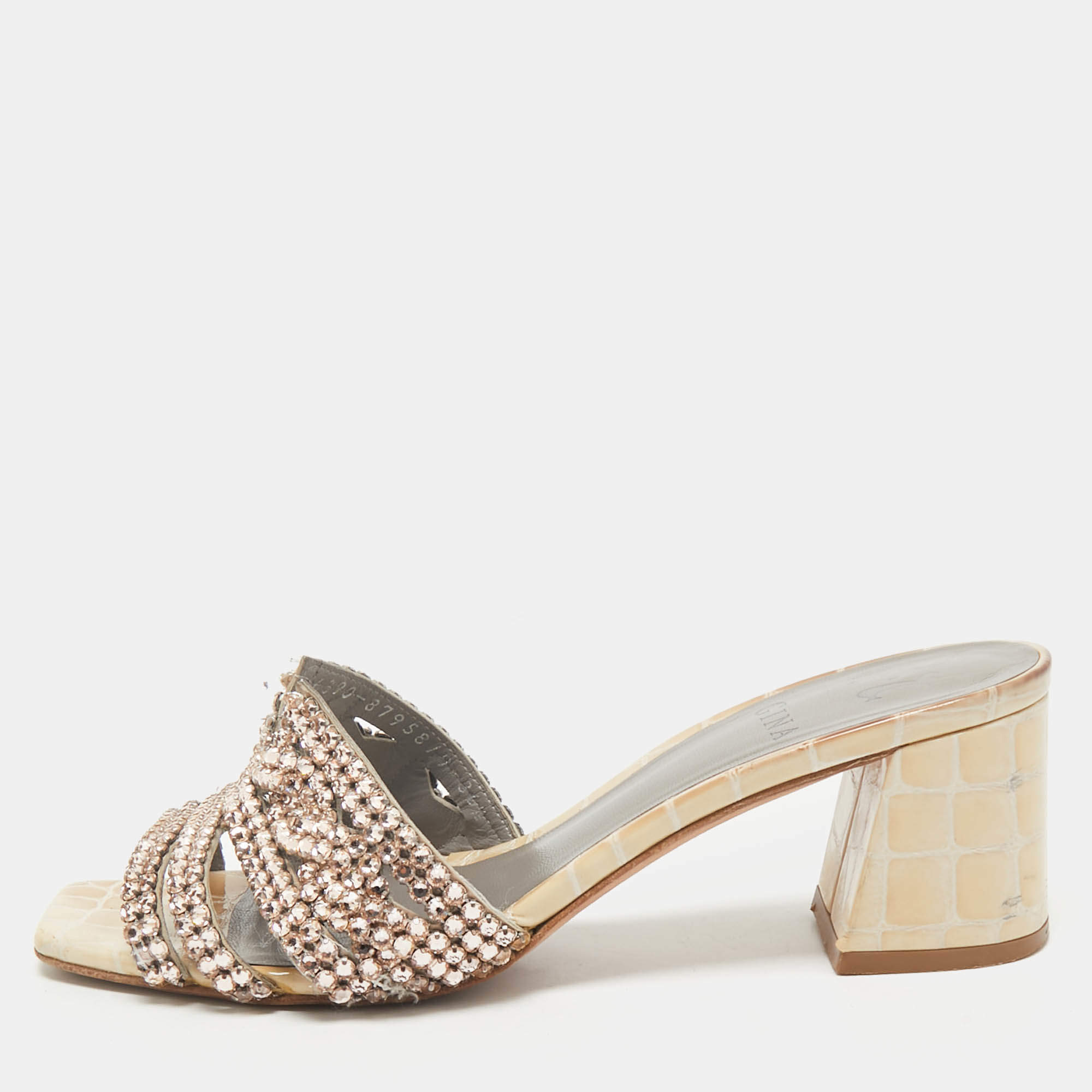 Gina Beige Croc Embossed Patent Leather Crystal Embellished Slide Sandals Size 36.5