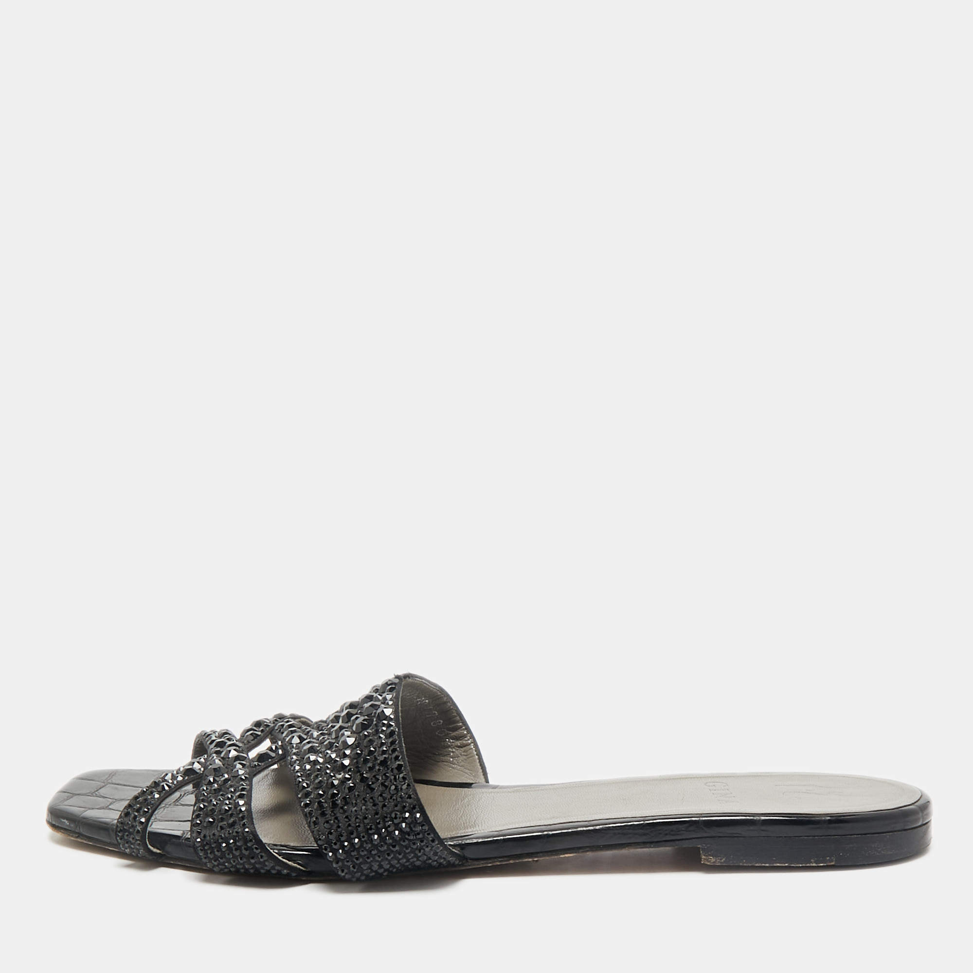 Gina Black Satin Crystal Embellished Loren Flat Slide Sandals Size 41
