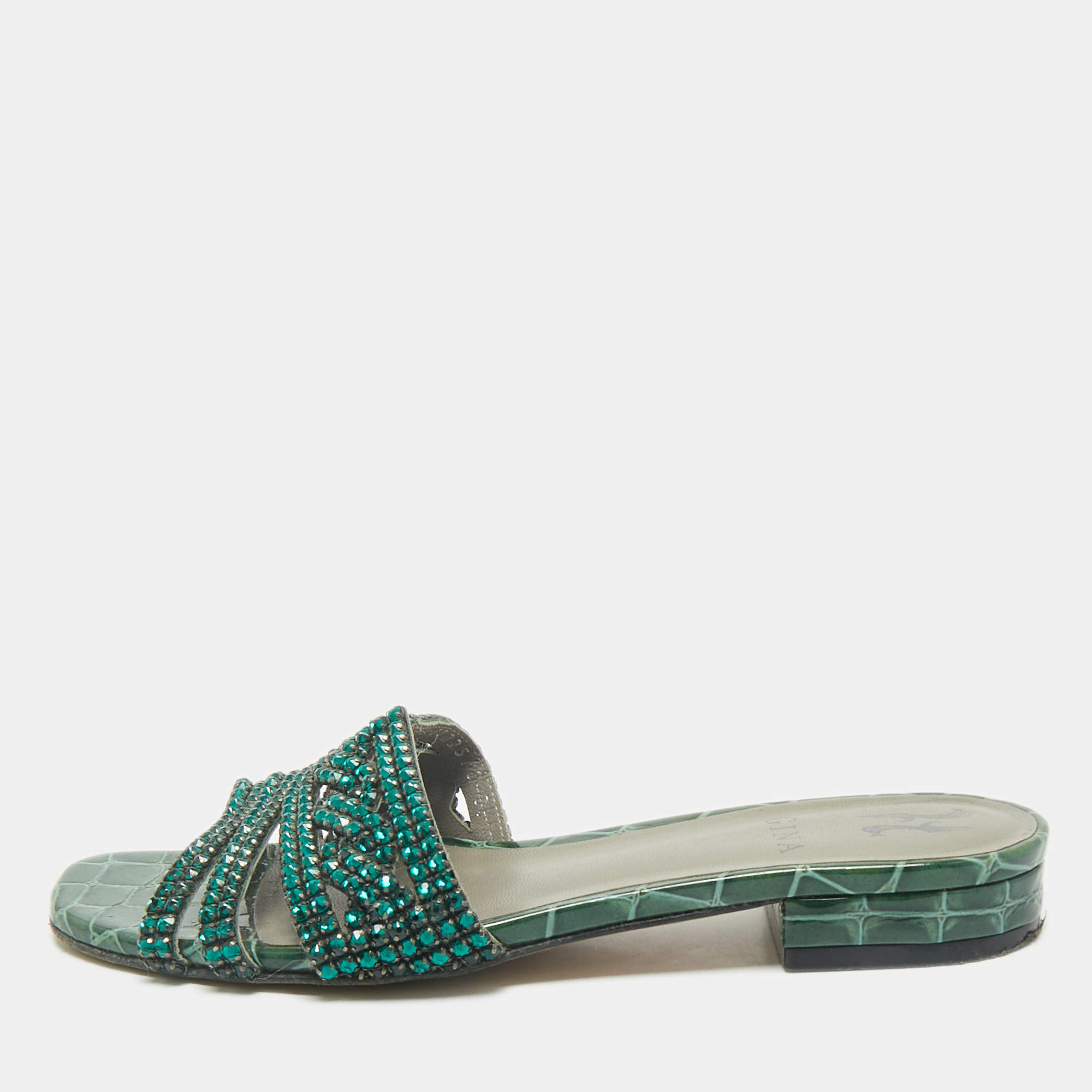Gina Green Croc Embossed and  Patent Leather Visage Slide Sandals Size 38