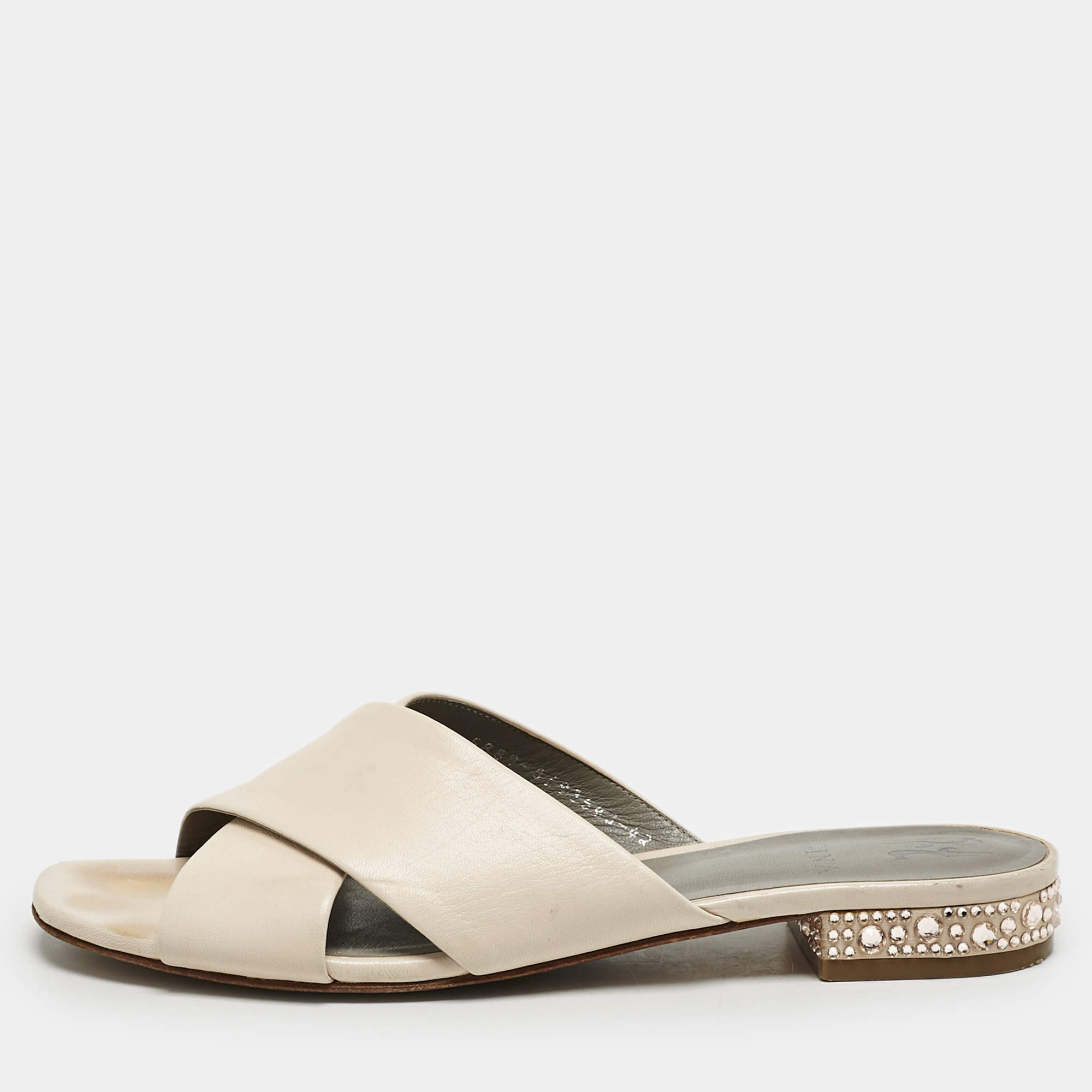 Gina Light Peach Leather Bourdin Flat Sandals Size 42