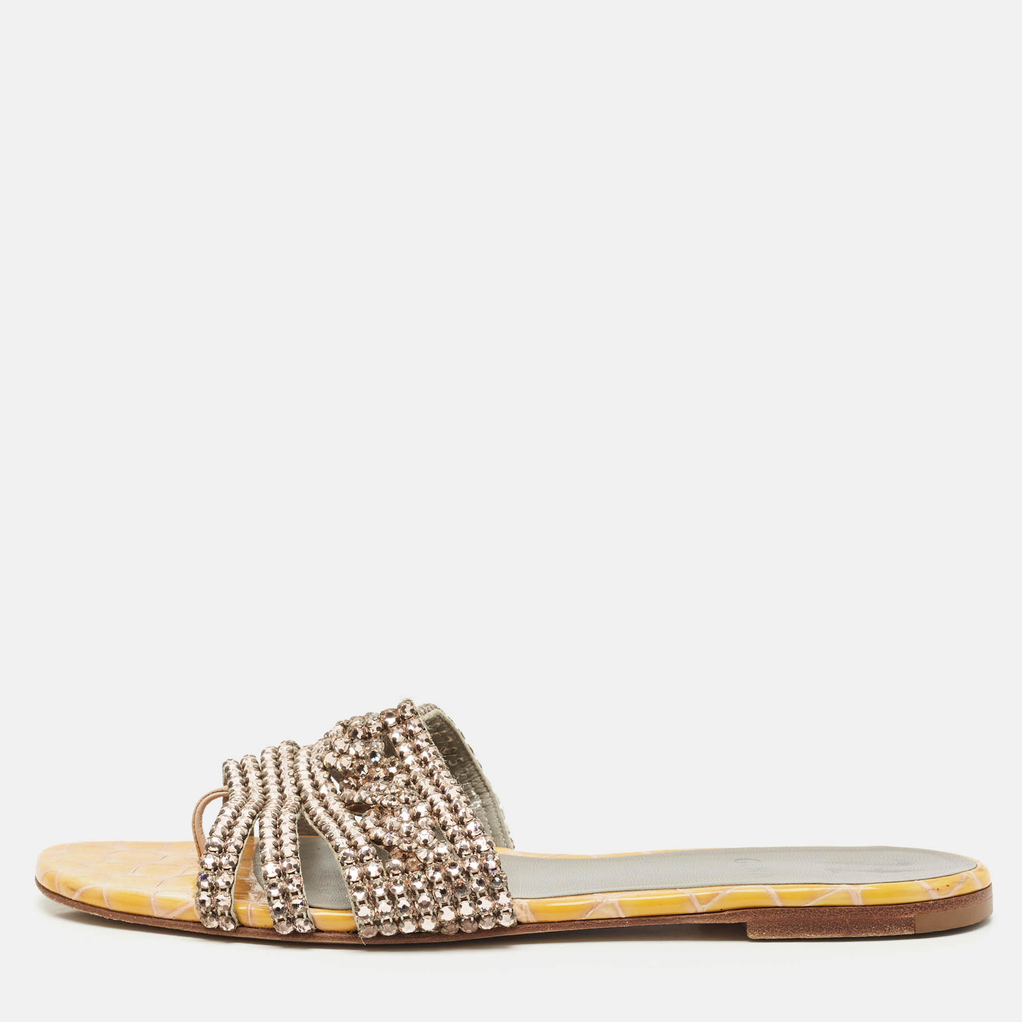 Pre Owned Gina Yellow Croc Embossed Leather Crystal Embellished Loren Flat Sandals Size 39