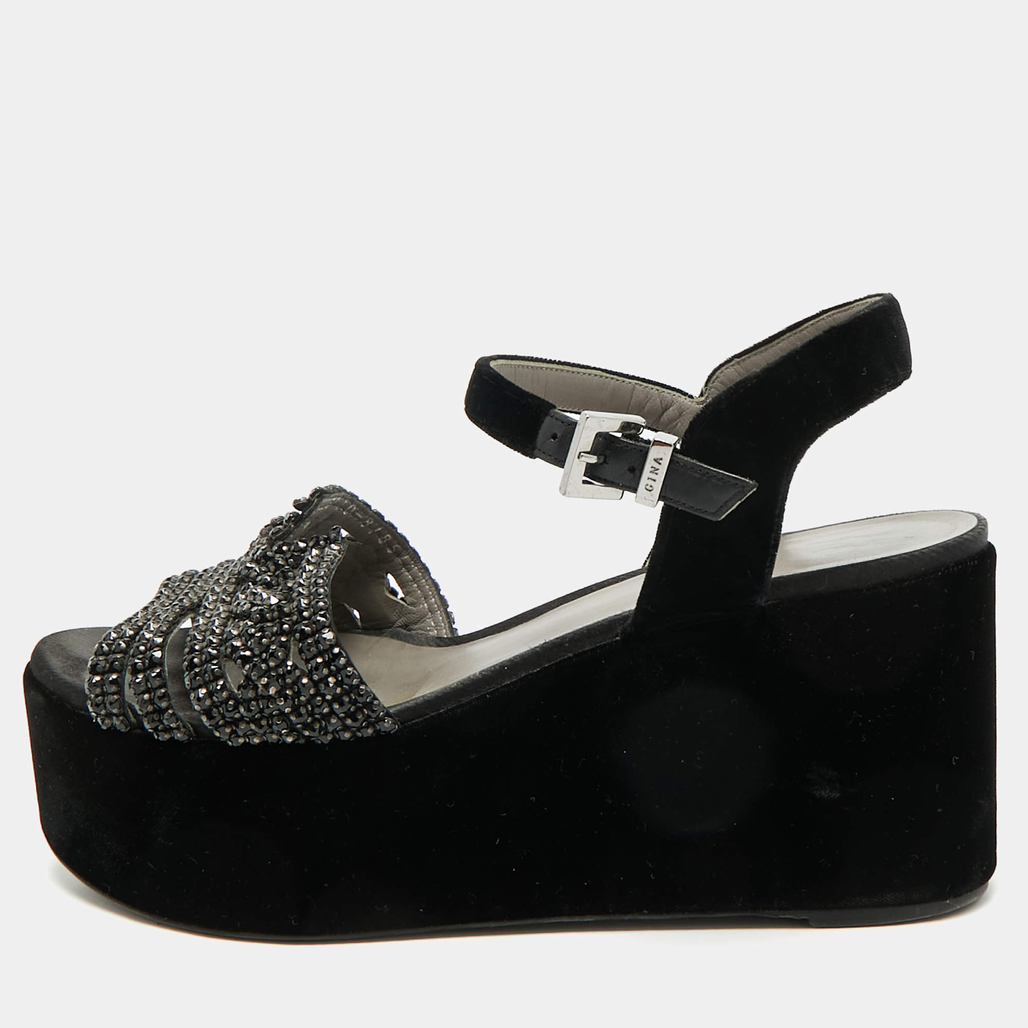 Pre Owned Gina Black Velvet Crystal Embellished Wedge Platform Ankle-Strap Sandals Size 38.5
