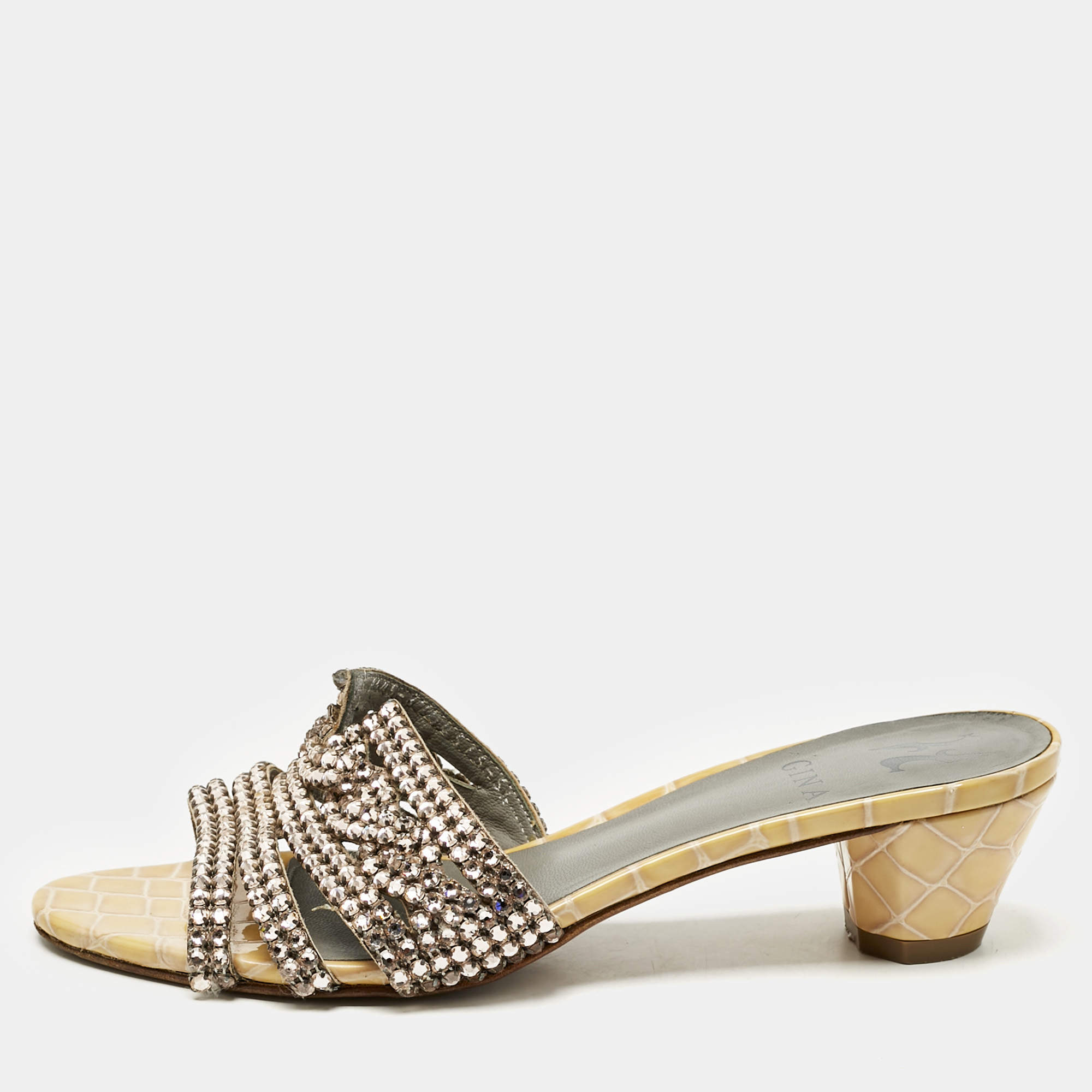 مملوكة مسبقًا Gina Gold Croc Embossed Patent Leather and Leather Vida Crystals Slide Sandals Size 38.5