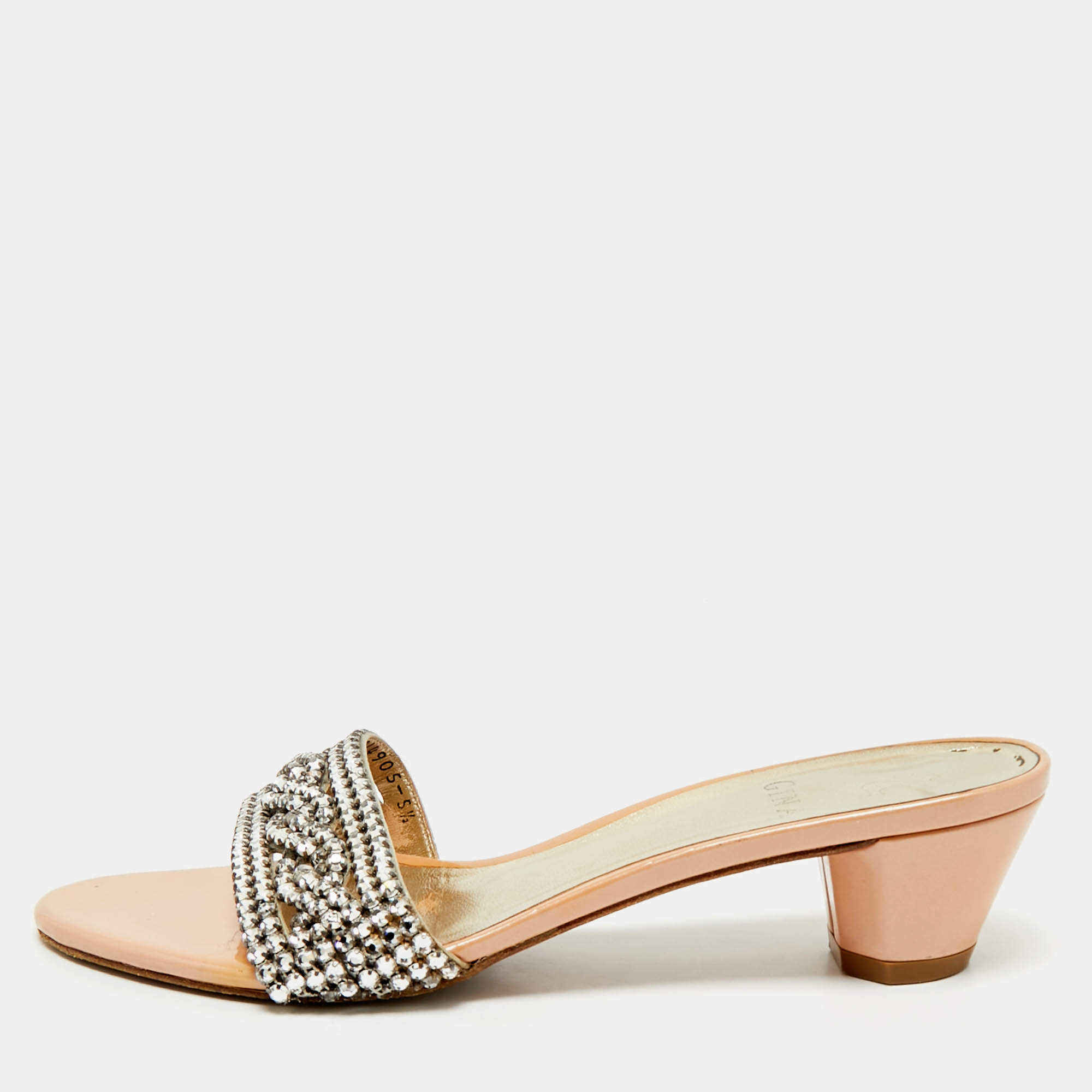 Pre Owned Gina Silver Patent Leather Crystal Embellished Slide Sandals Size 38.5