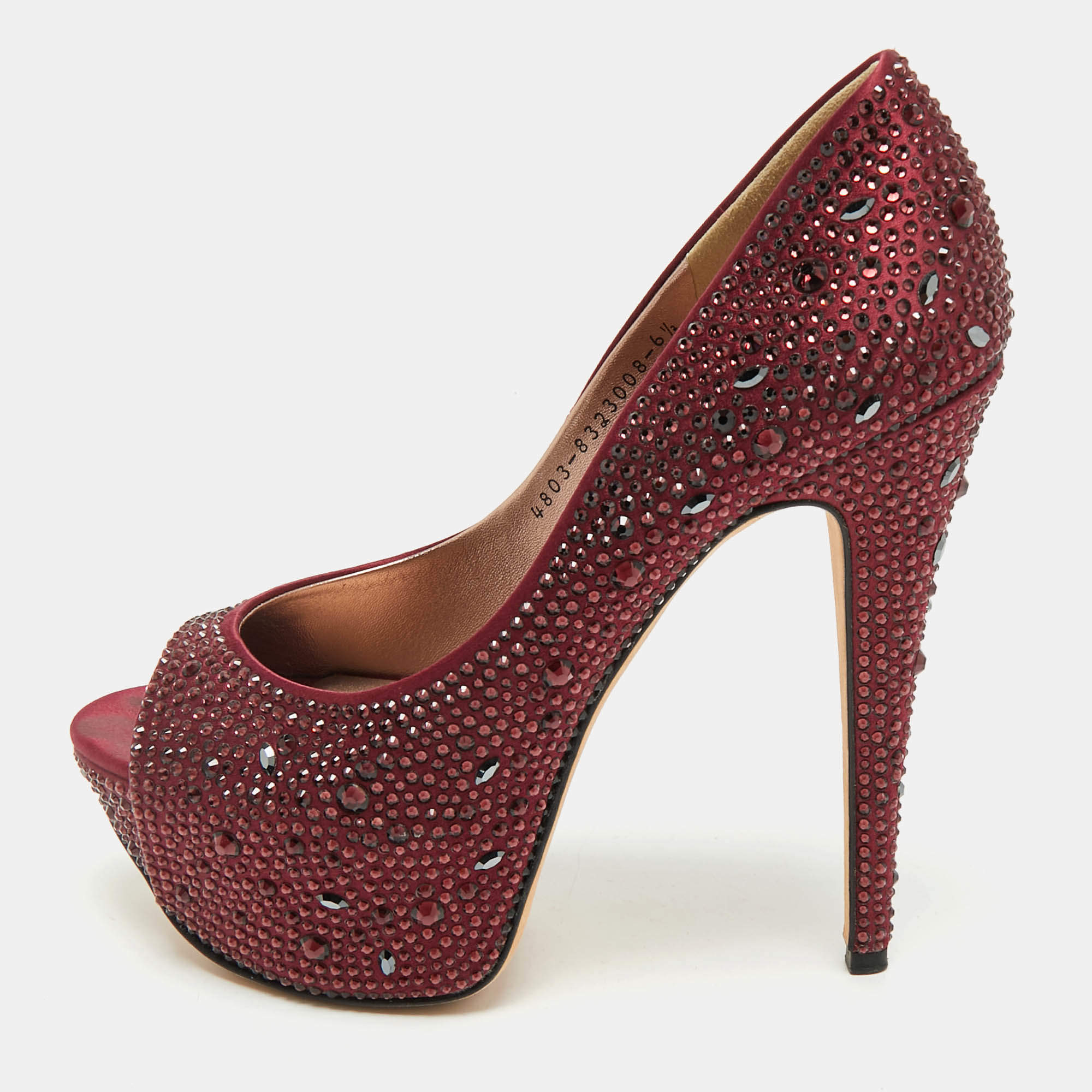Pre Owned Gina Burgundy Satin Crystal Embellished Peep Toe Platform Pumps Size 39.5
