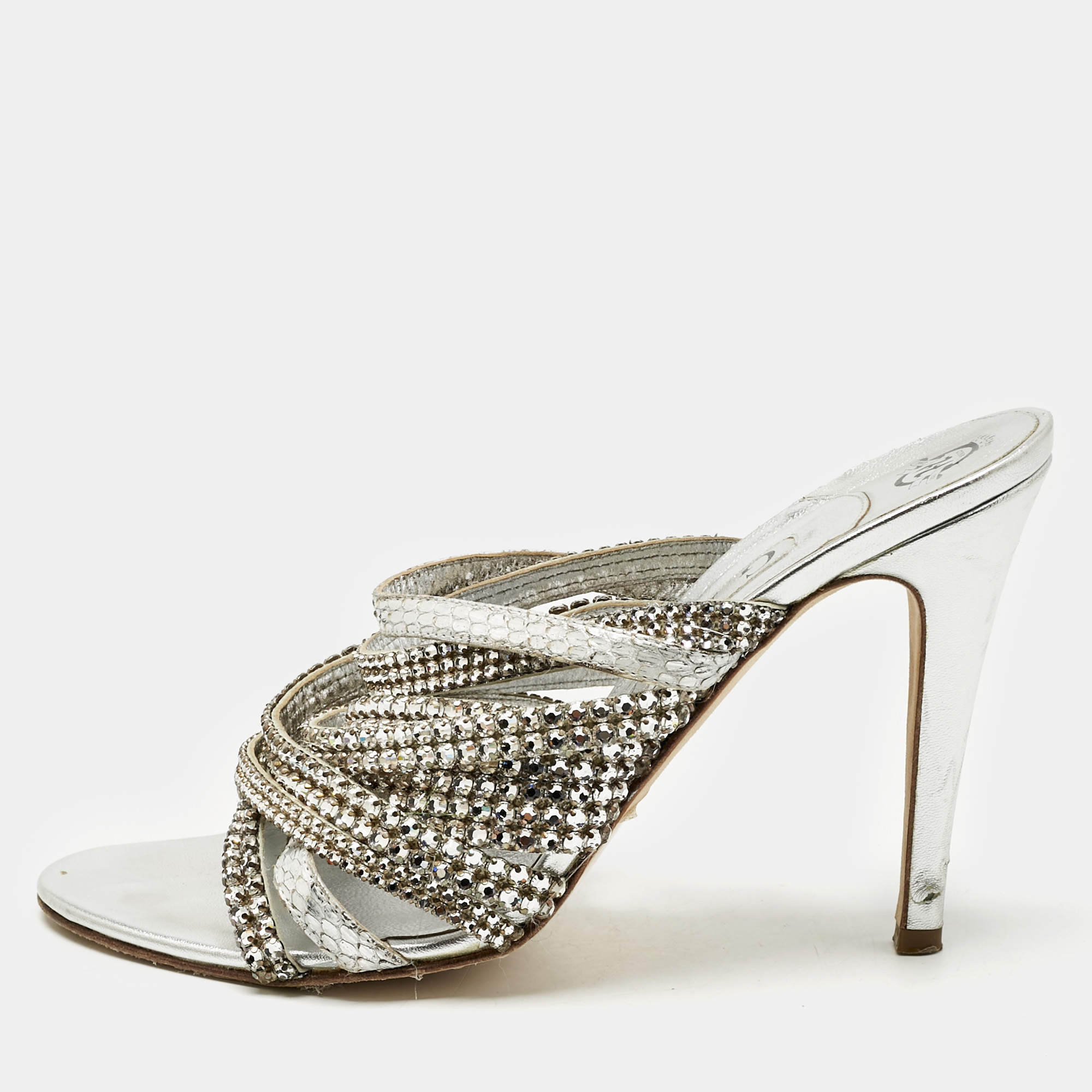 Pre Owned Gina Silver Leather and Snakeskin Embossed Crystal Embellished Slide Sandals Size 39.5
