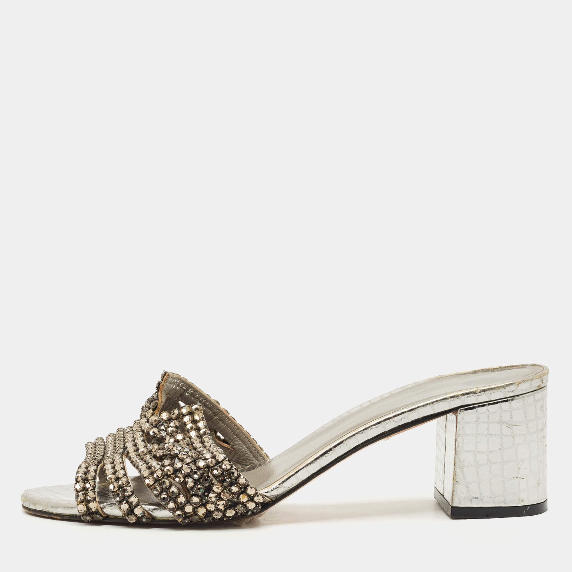 Pre Owned Gina Silver Croc Embossed Leather Crystal Embellished Slide Sandals Size 38.5