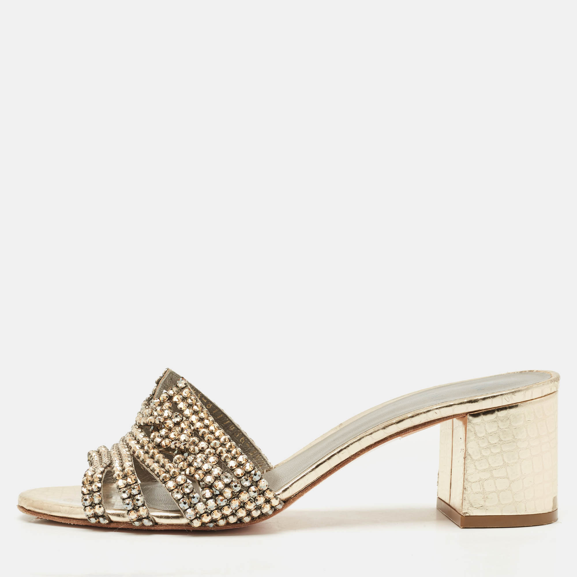 مملوكة مسبقًا Gina Metallic Gold Leather Crystal Embellished Slide Sandals Size 39.5