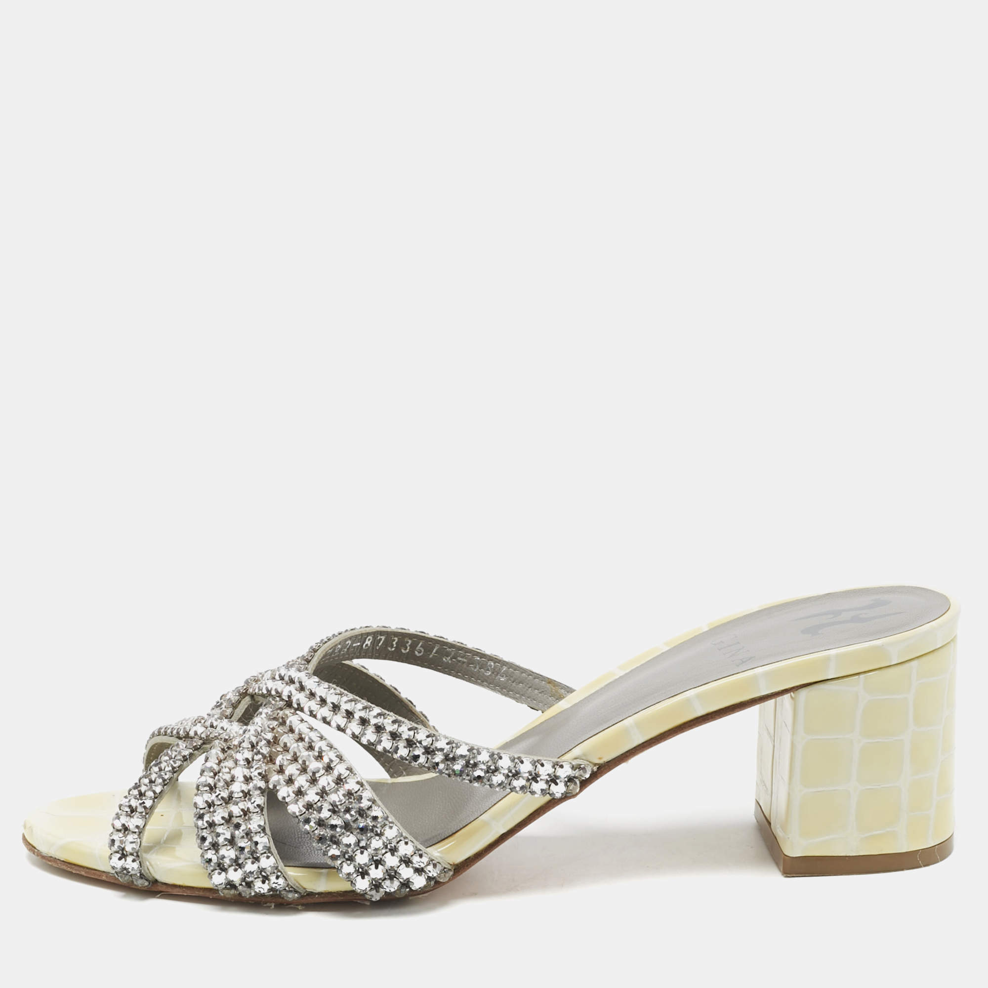 Pre Owned Gina Yellow/Grey Croc Embossed Patent Leather Dexie Slide Sandals Size 38.5
