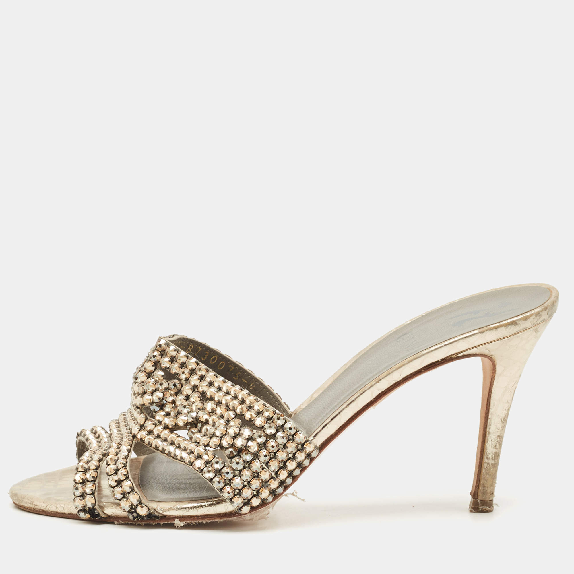 Pre Owned Gina Gold Croc Embossed Leather Crystals Embellished Slide Sandals Size 37