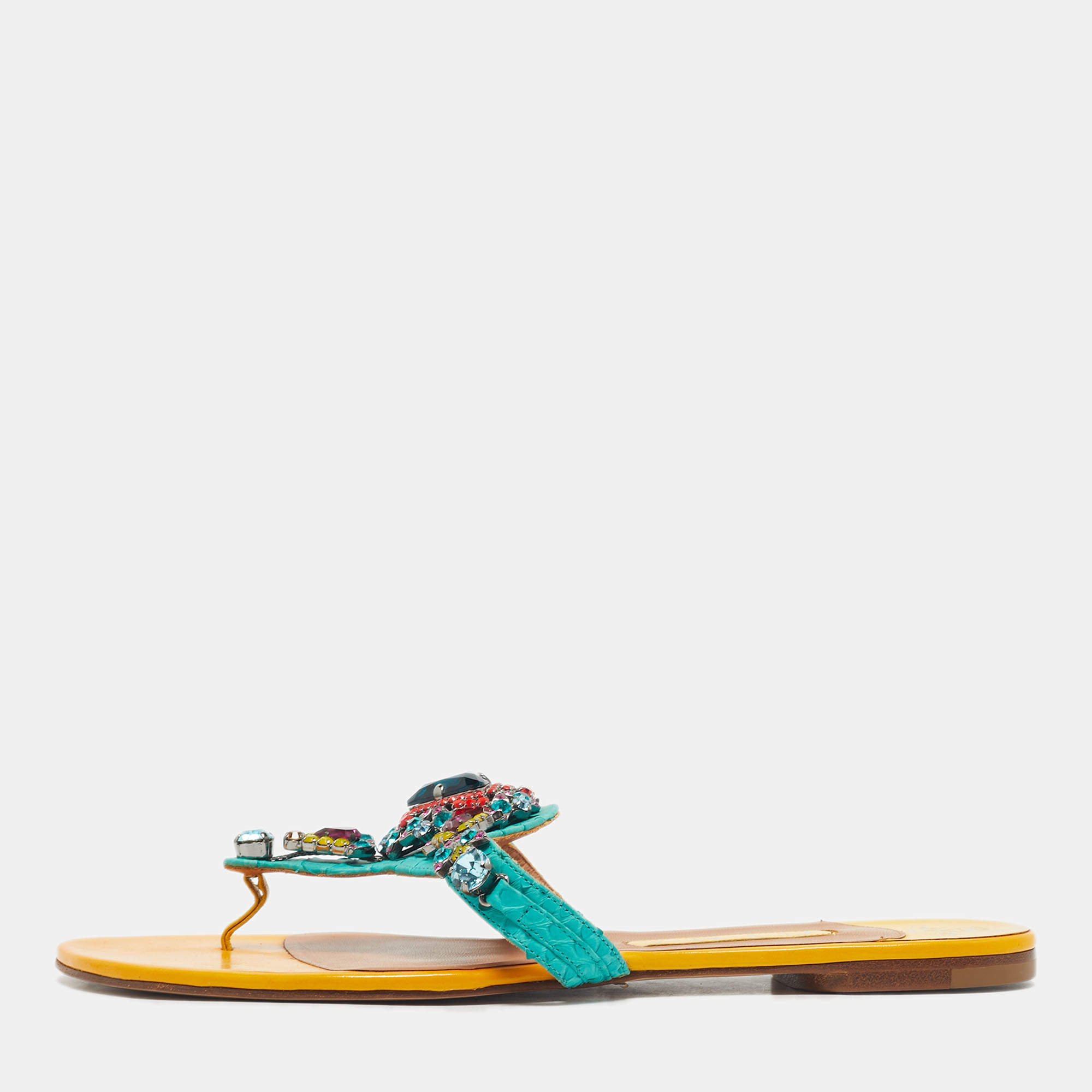 Pre Owned Gina Yellow/Green Patent Leather and Snakeskin Crystals Embellished Thong Flats Size 40.5