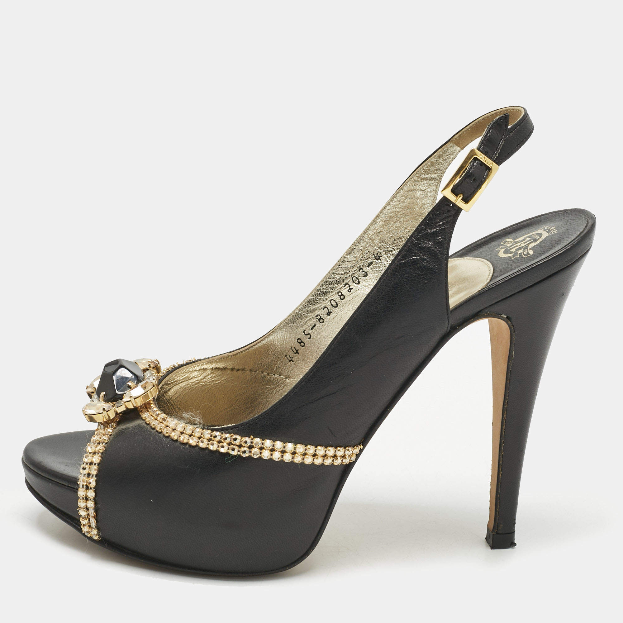 Pre Owned Gina Black Leather Crystal Embellished Slingback Pumps Size 37