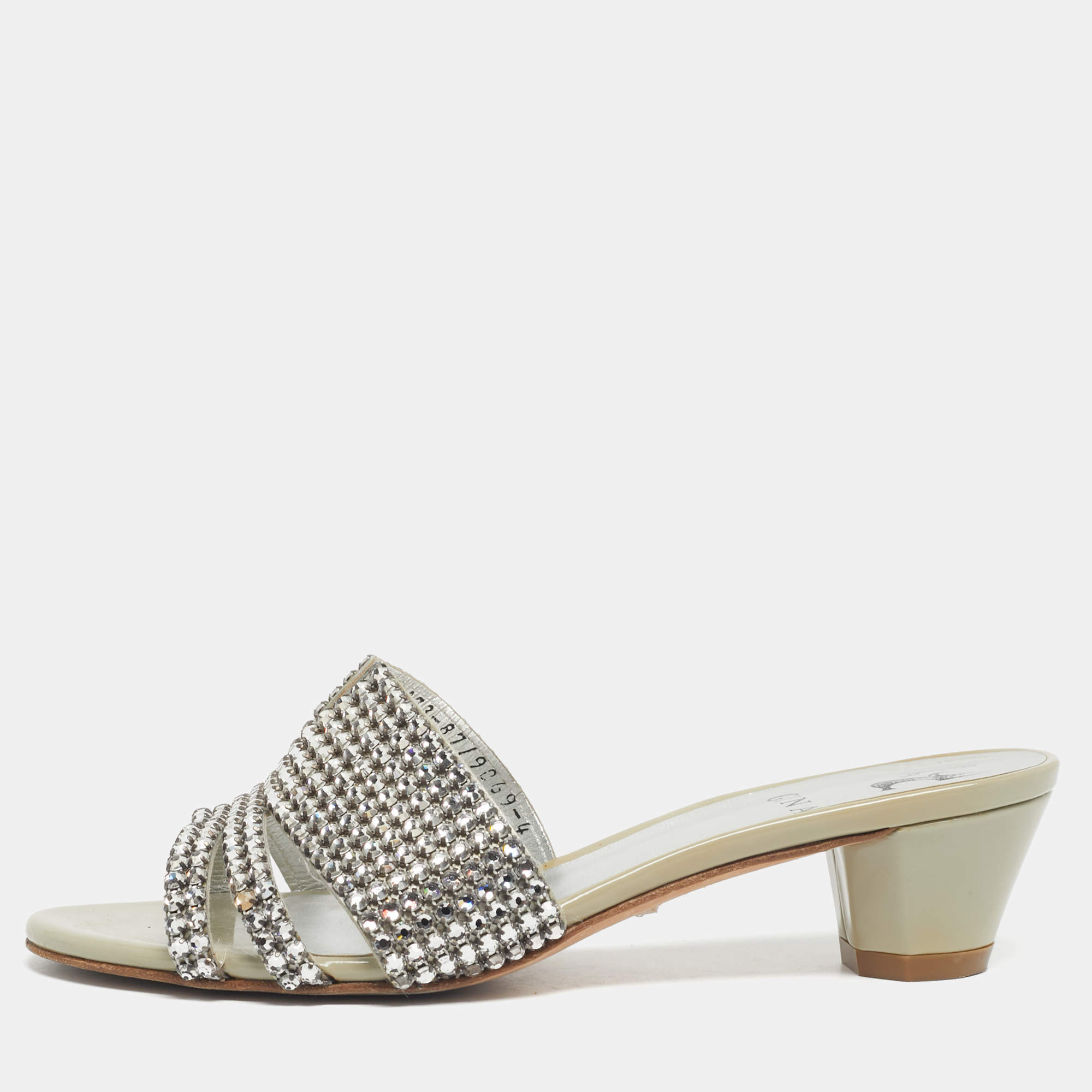 Pre Owned Gina Grey Leather Galaxy Crystals Slide Sandals Size 37