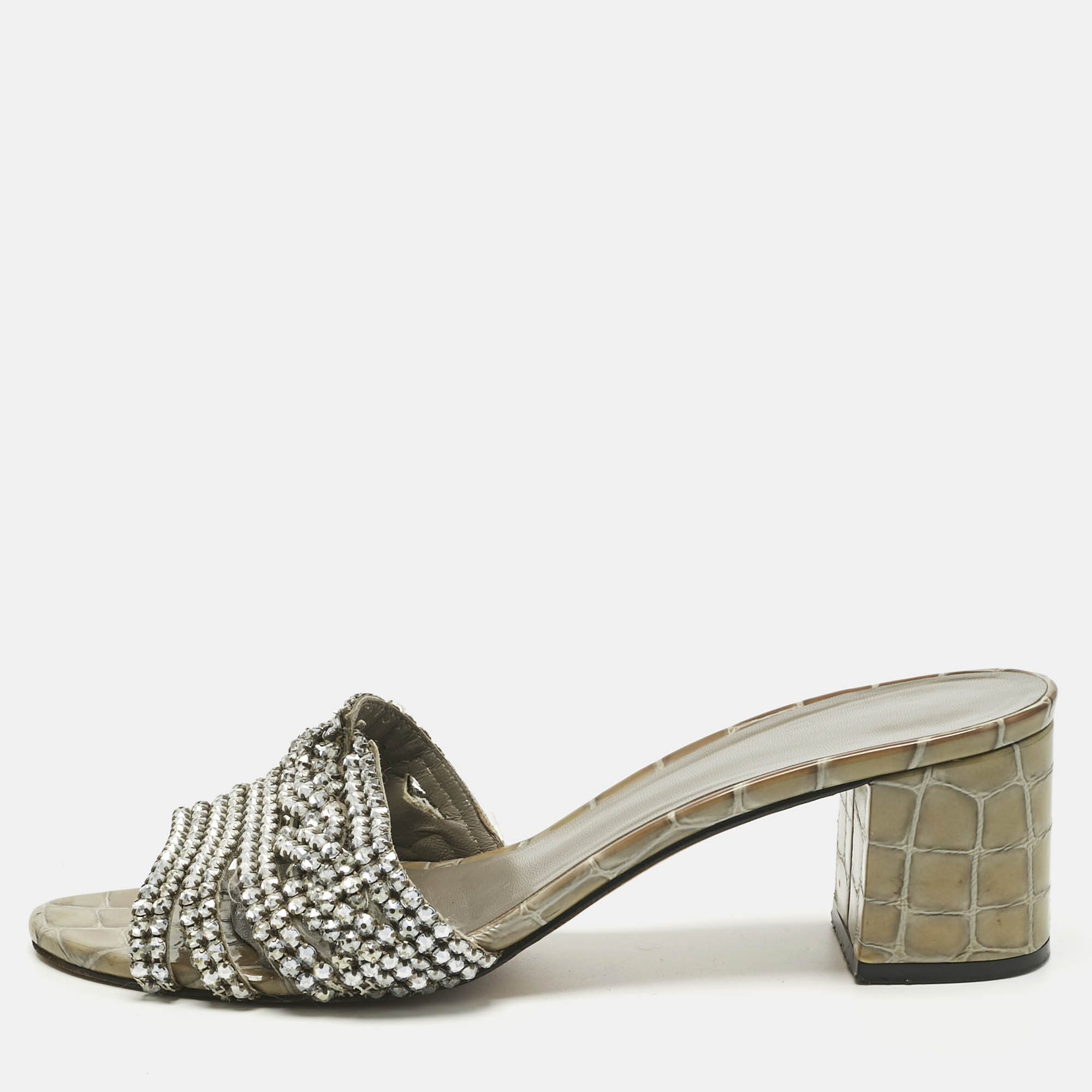 Pre Owned Gina Green Croc Patent Leather Crystal Embellished Slides Sandals Size 38.5