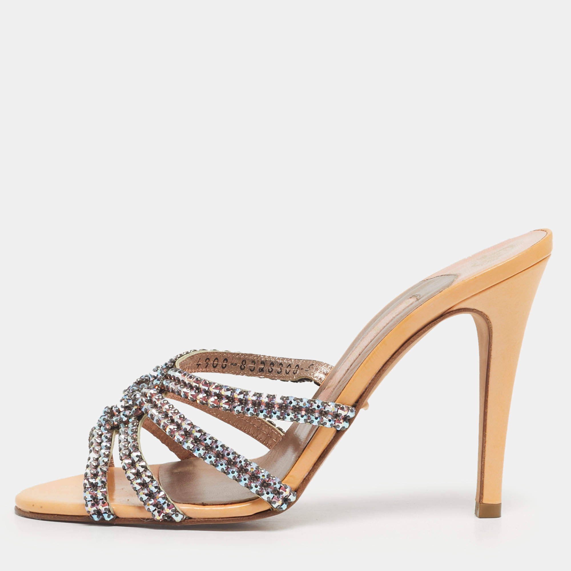 Pre Owned Gina Orange Leather Slide Crystal Embellished Slide Sandals Size 38