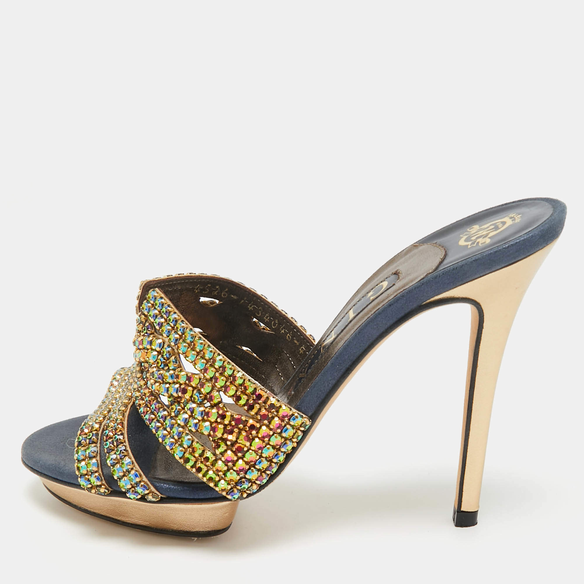 Pre Owned Gina Mlticollor Leather Crystal Embellished Slide Sandals Size 37