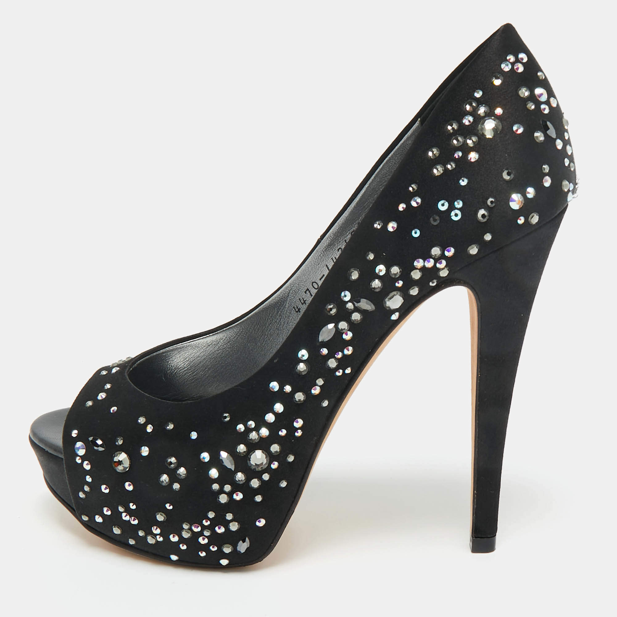 Pre Owned Gina Black Crystal Embellished Satin Open Toe Platform Pumps Size 39