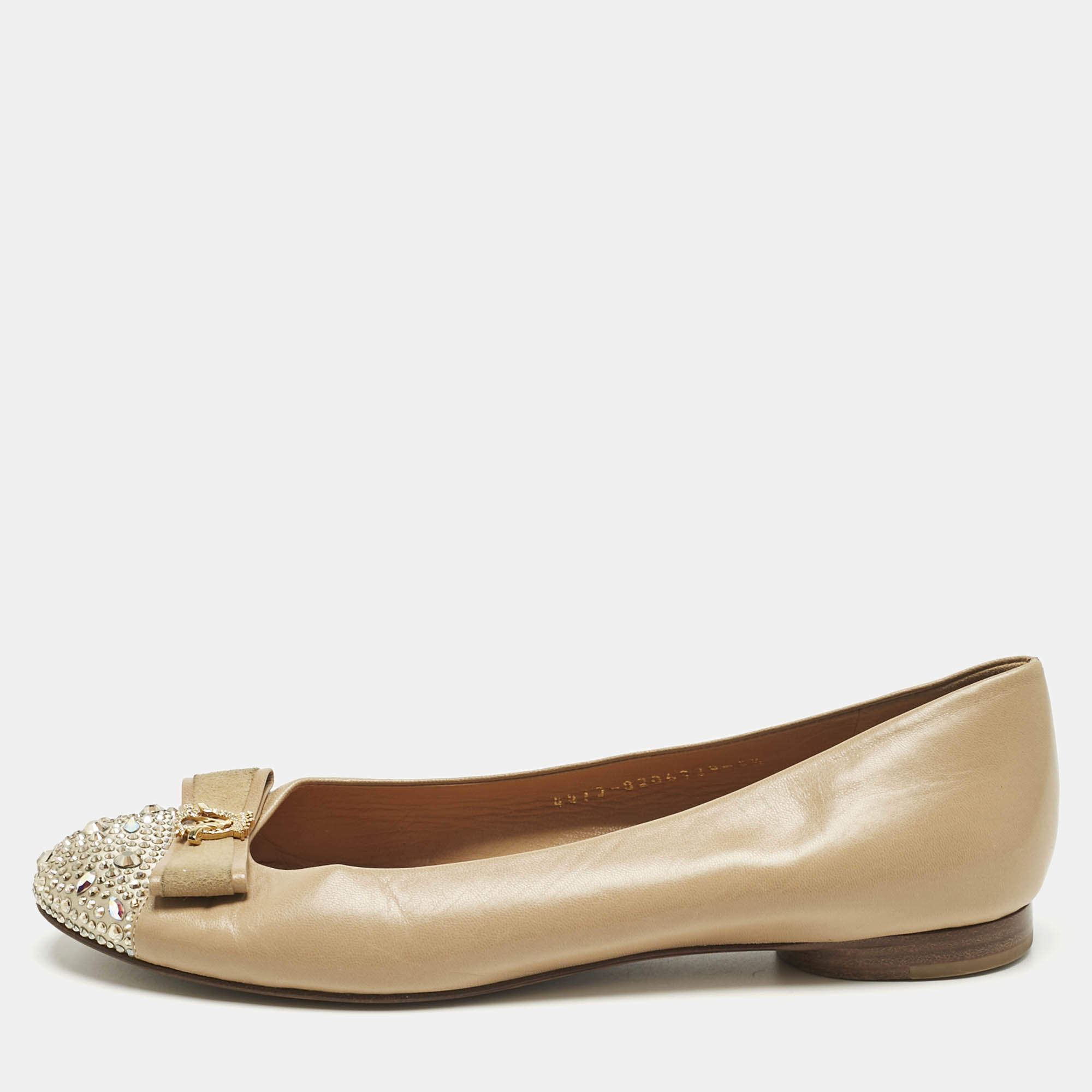 Pre Owned Gina Beige Leather and Satin Bow Detail Crystal Embellish Ballet Flats Size 38