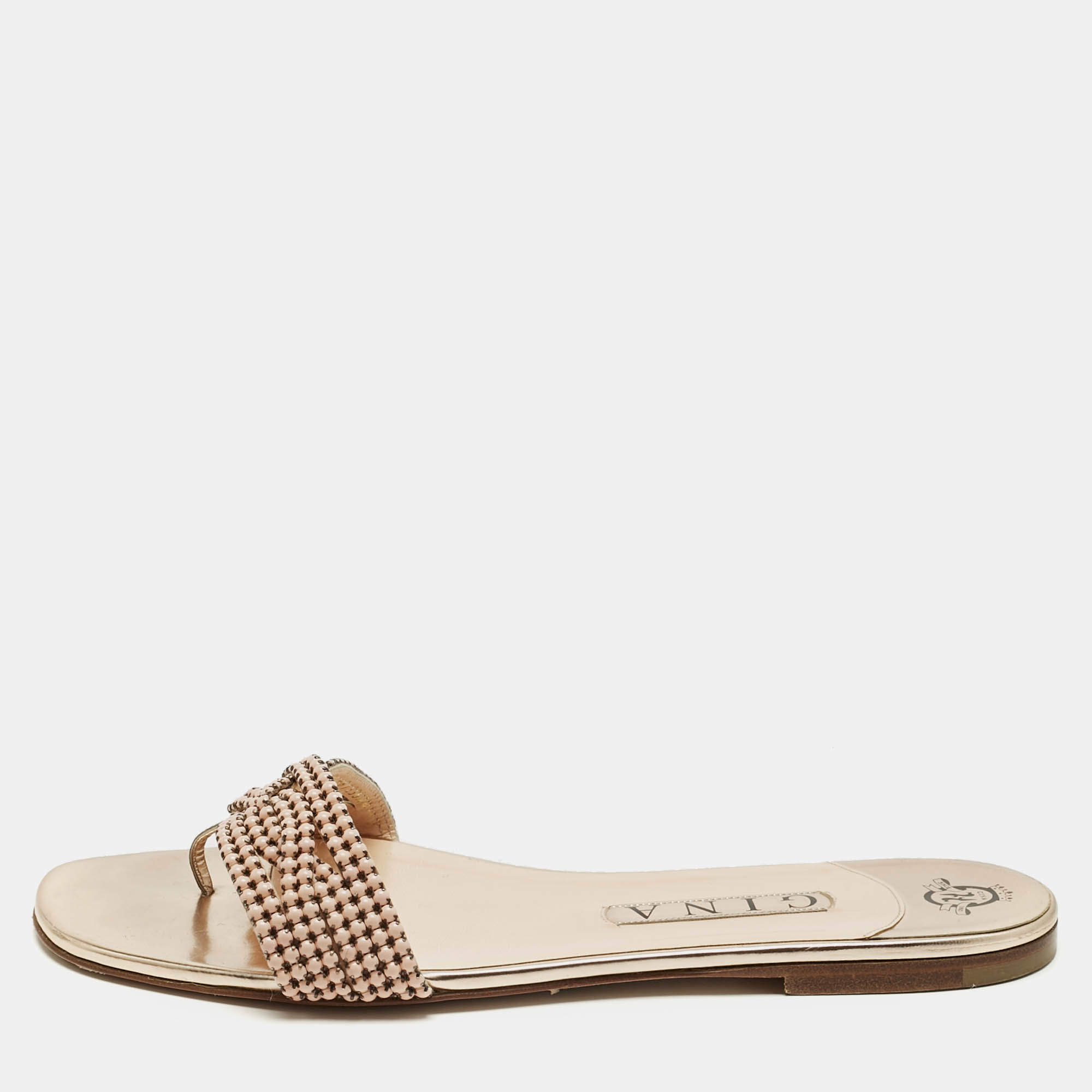 Pre Owned صندل مسطح جينا جلد بني مرصع بالكريستال مقاس 38.5