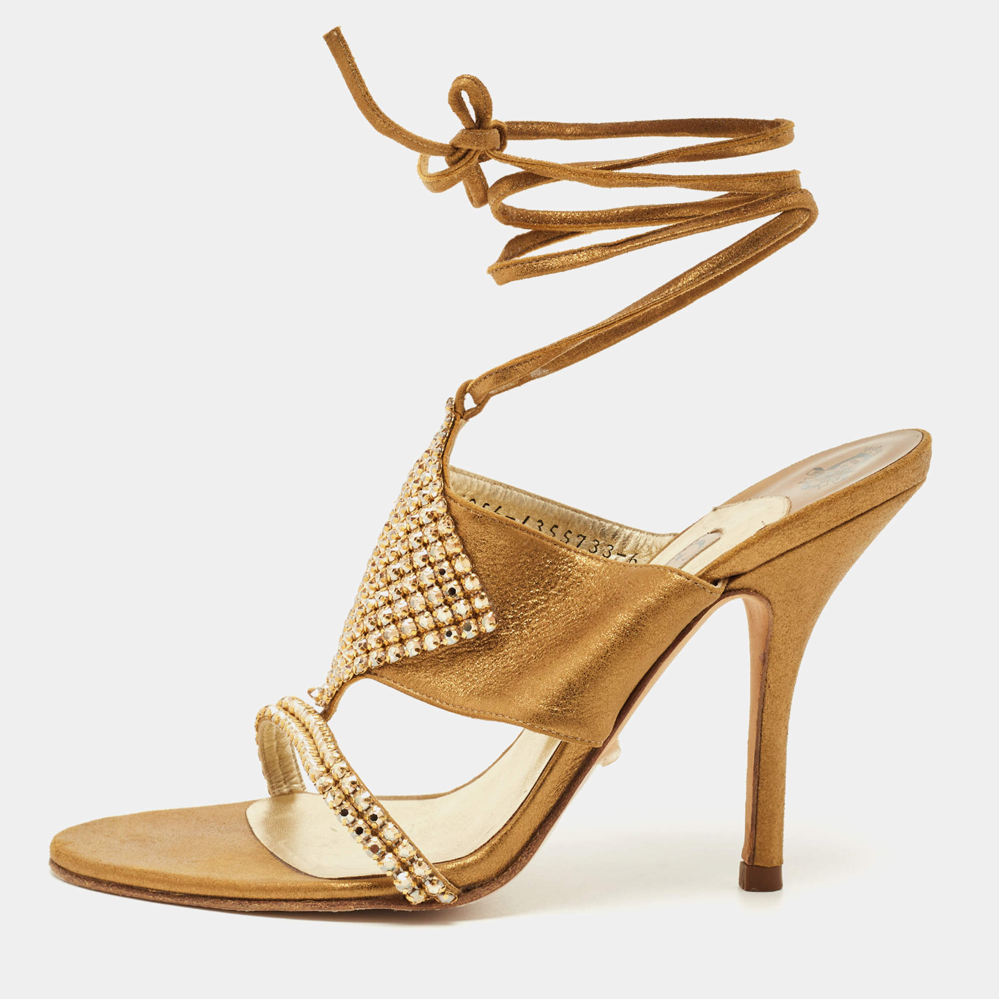 مملوكة مسبقًا Gina Gold Nubuck Leather Crystal Embellish Ankle Wrap Sandals Size 39