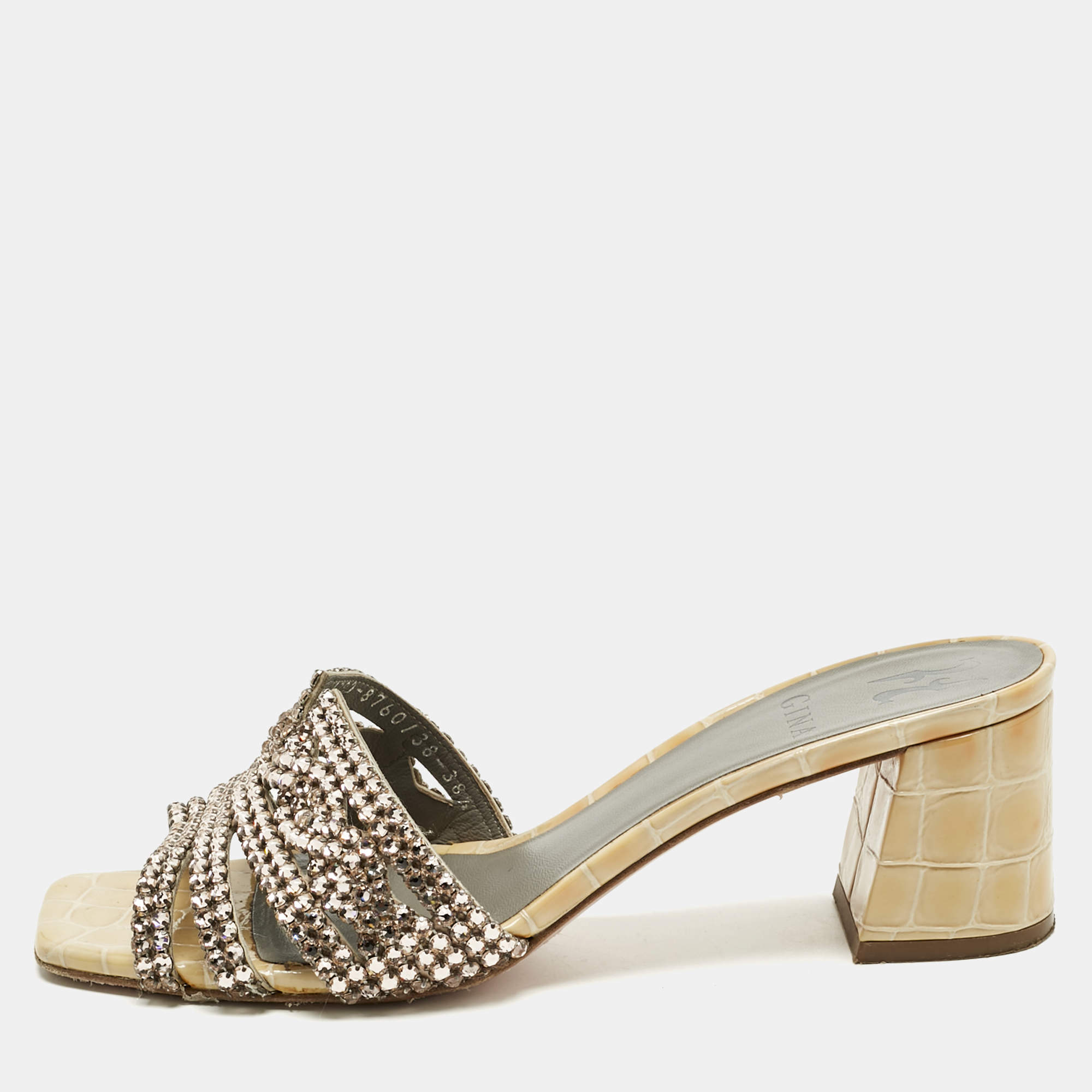 Pre Owned Gina Beige Croc Embossed Patent Leather and Leather Crystal Embellished Slide Sandals Size 38.5