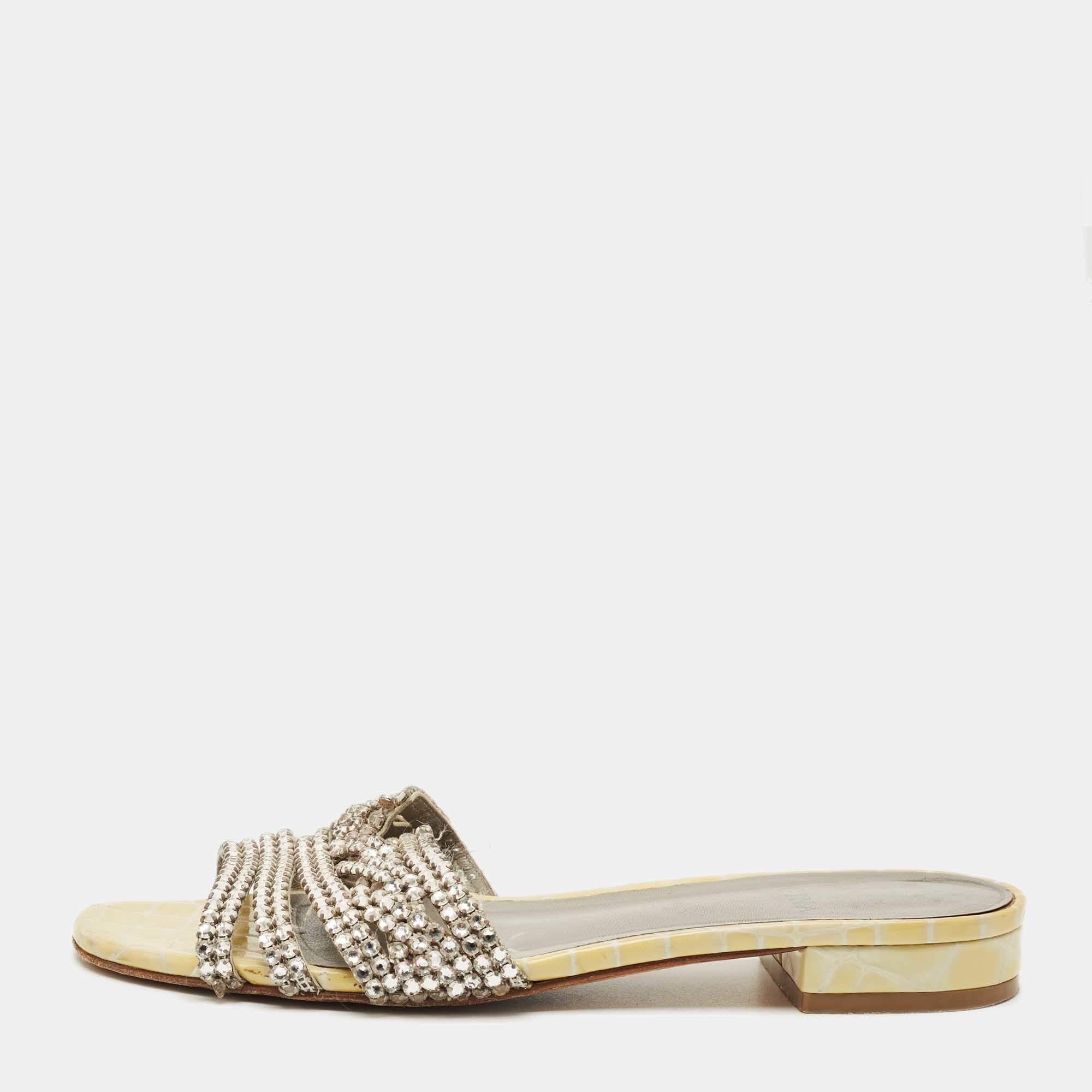 Pre Owned Gina Silver Leather Crystal Embellished Flat Slide Size 40