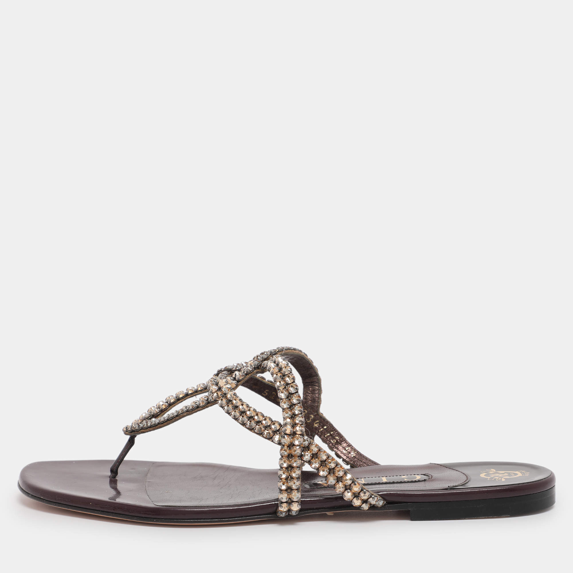 Pre Owned Gina Burgundy Crystal Embellished Leather Thong Flat Slides Size 38.5