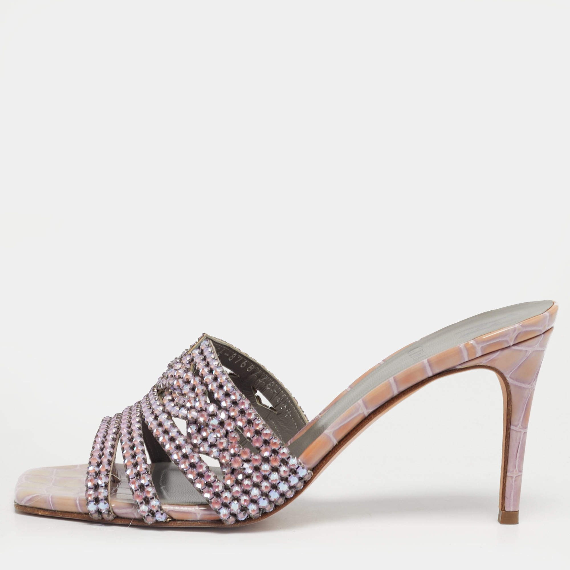 Pre Owned Gina Purple Croc Embossed Leather Slide Crystal Embellished Slide Sandals Size 37.5