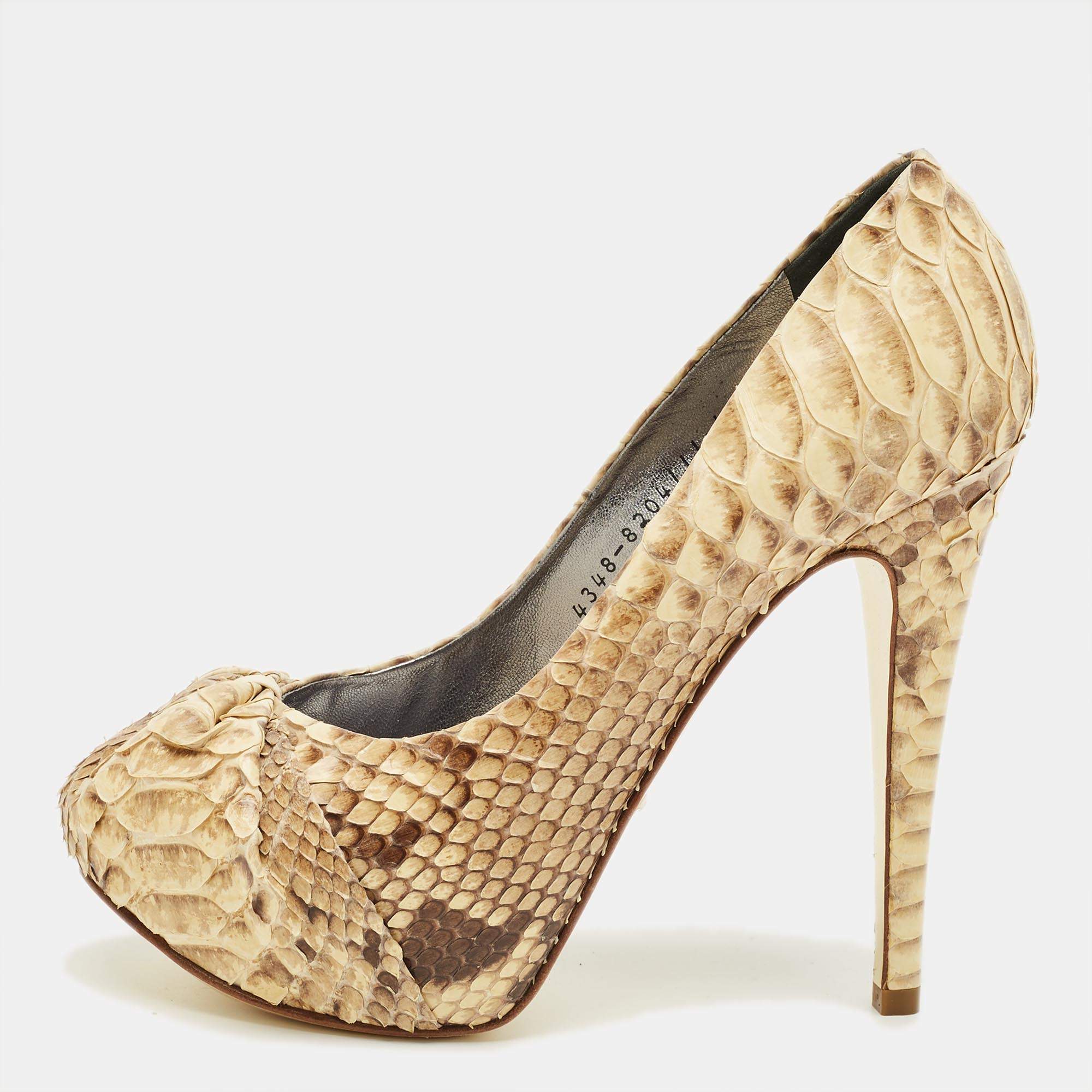 Pre Owned Gina Beige/Brown Python Leather Hoodie Platform Pumps Size 37