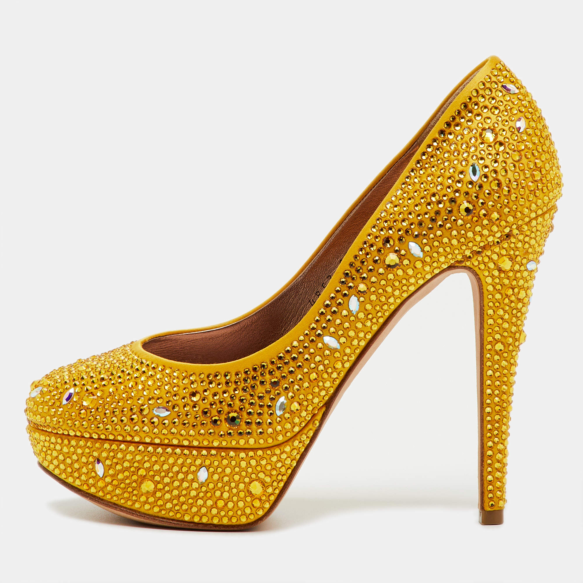 Pre Owned Gina Yellow Satin Dolly Crystal Embellished Platform Pumps Size 37.5